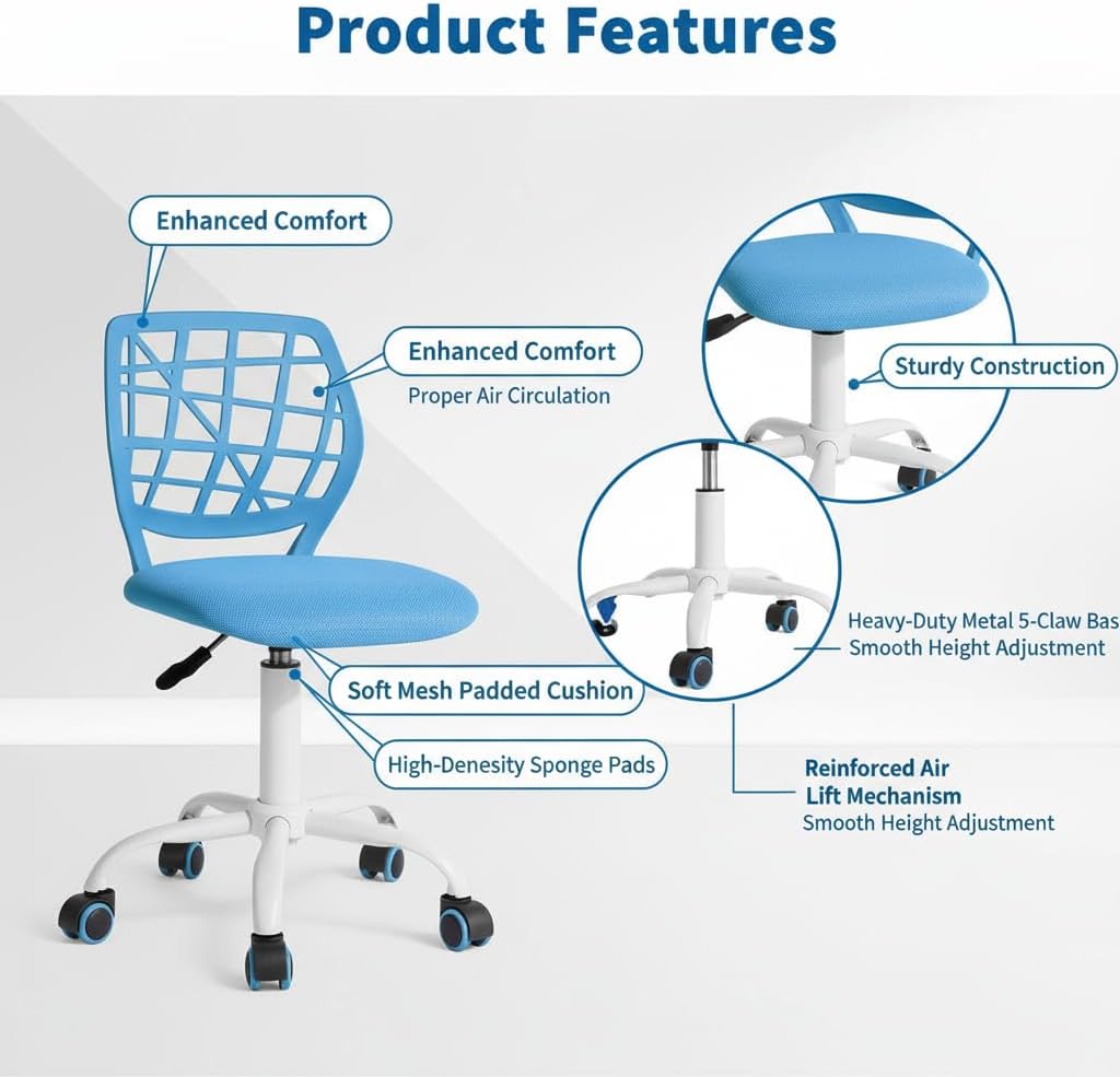 Homy Casa Carnation Stylish Mesh Office Chair with Height Adjustable ,Blue