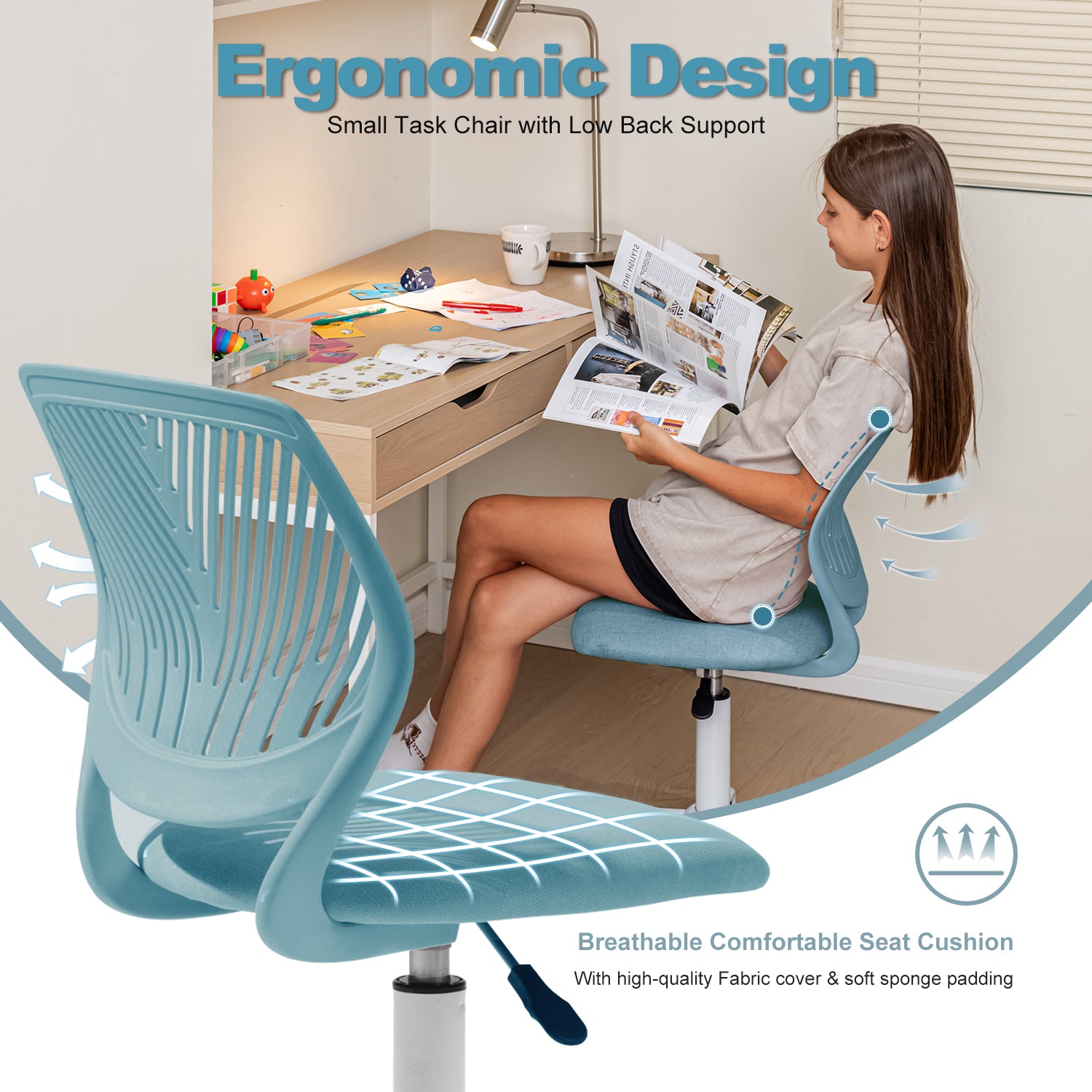 Homy Casa Carnation Morandi Blue Fabric Desk Chair