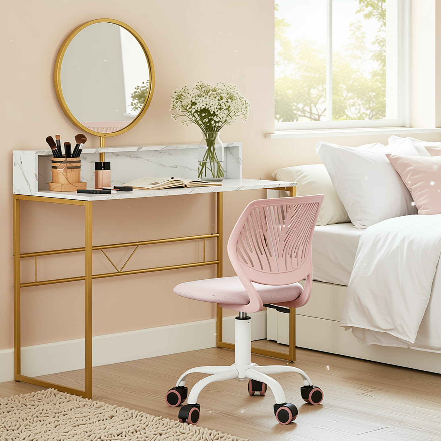 Homy Casa Chasson+Carnation 2PC Bedroom Vanity Set with Mirror and Pink Upholstered Chair in White