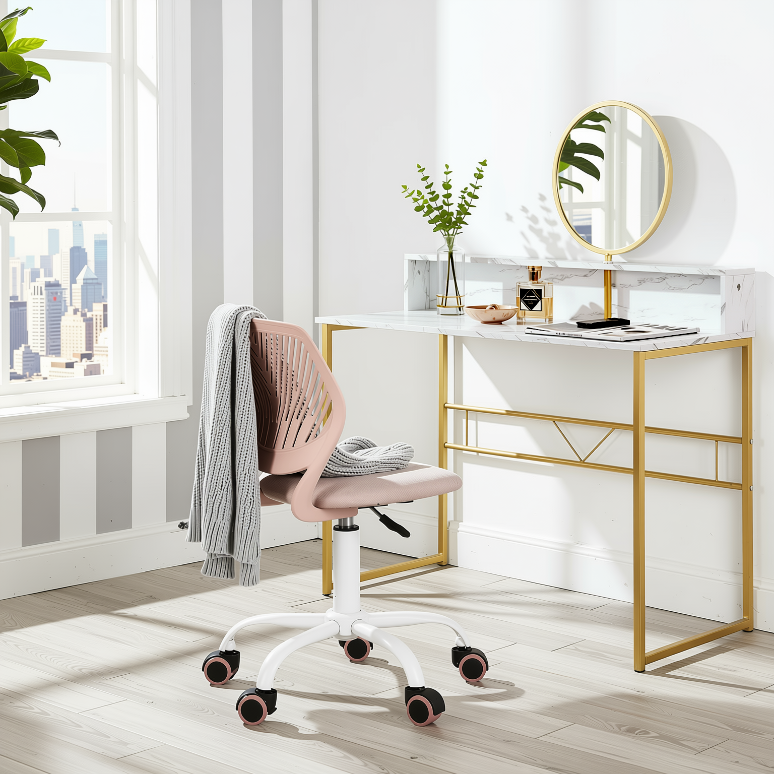 Homy Casa Chasson+Carnation 2PC Bedroom Vanity Set with Mirror and Pink Upholstered Chair in White