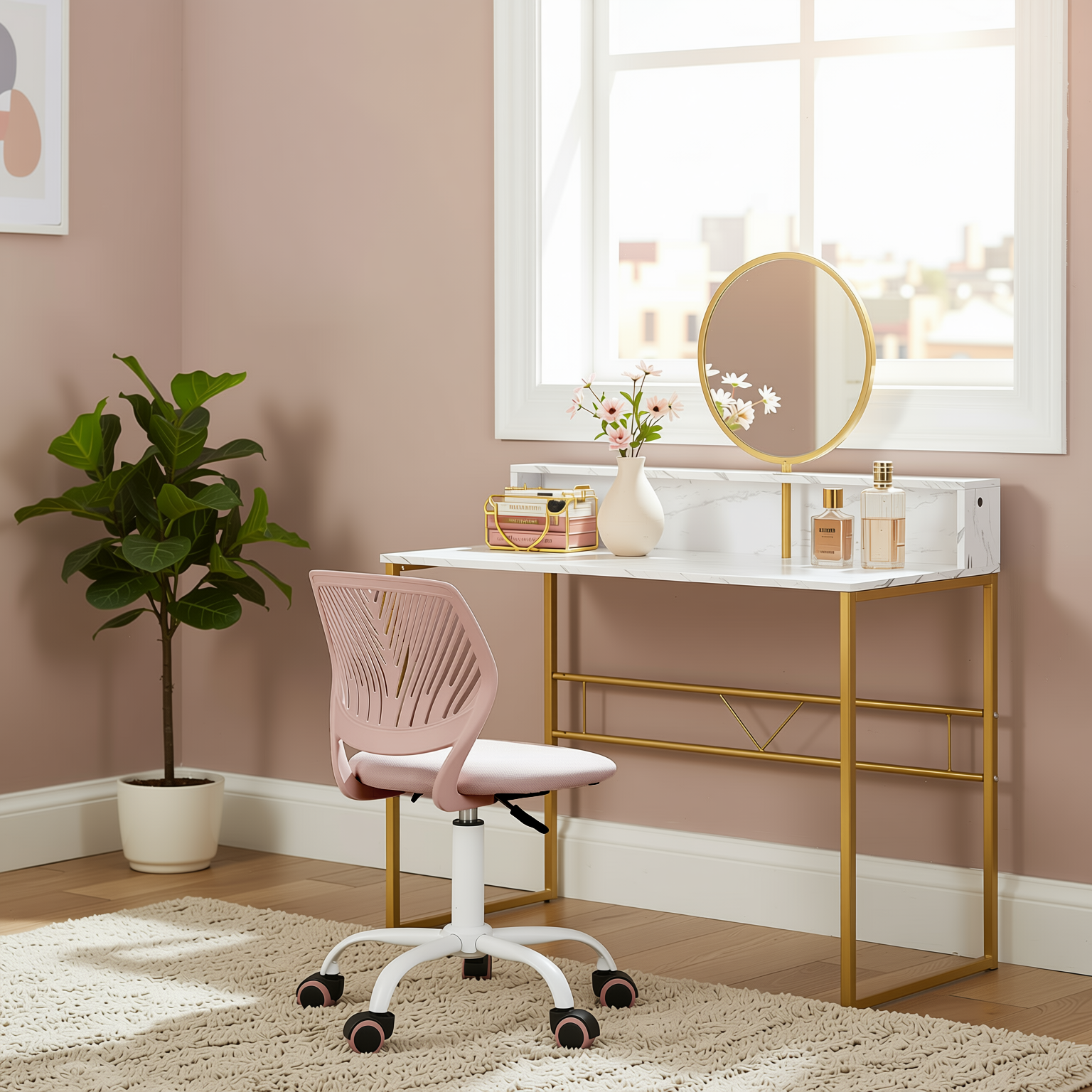 Homy Casa Chasson+Carnation 2PC Bedroom Vanity Set with Mirror and Pink Upholstered Chair in White