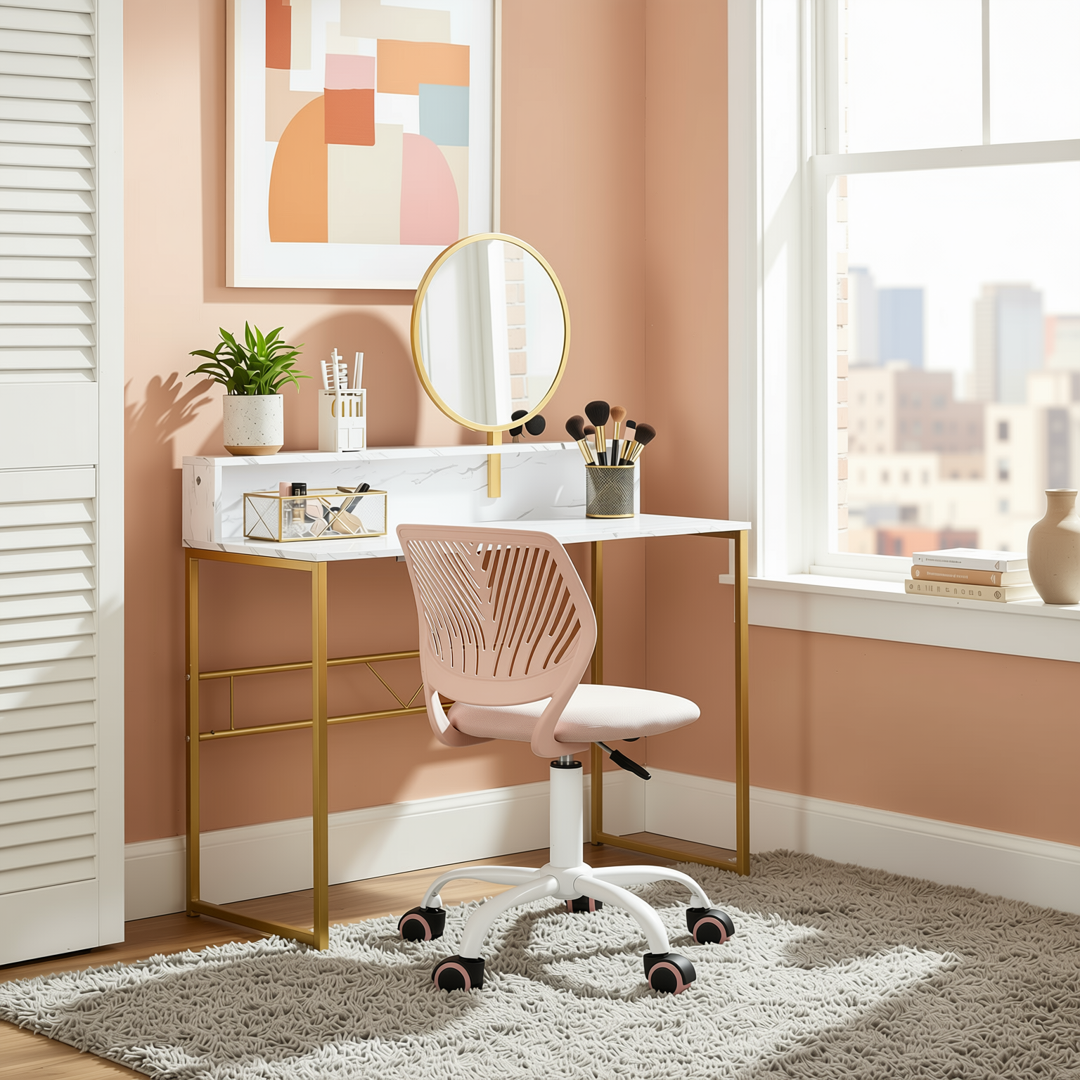 Homy Casa Chasson+Carnation 2PC Bedroom Vanity Set with Mirror and Pink Upholstered Chair in White