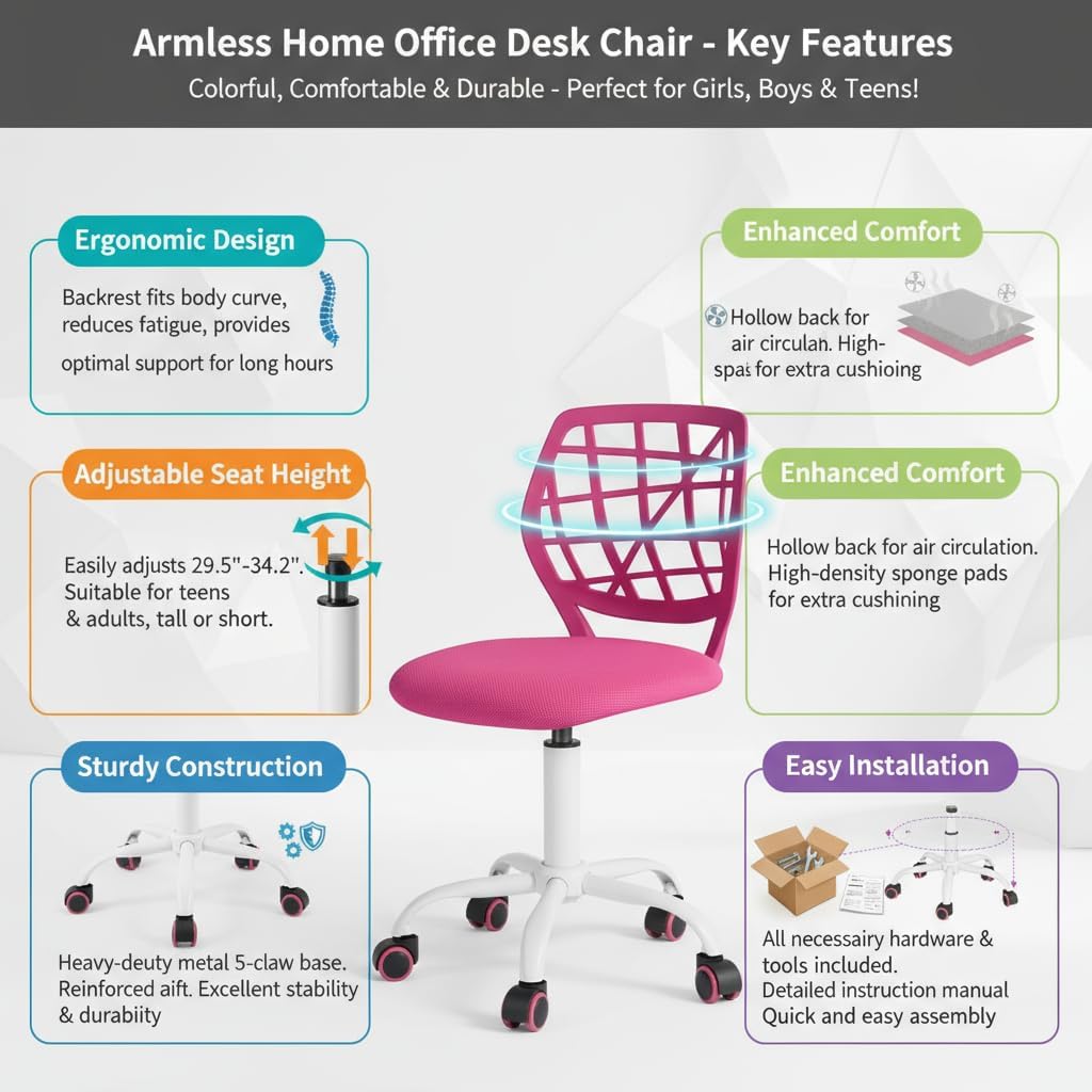 Homy Casa Carnation Pink Stylish Mesh Office Chair with Height Adjustable