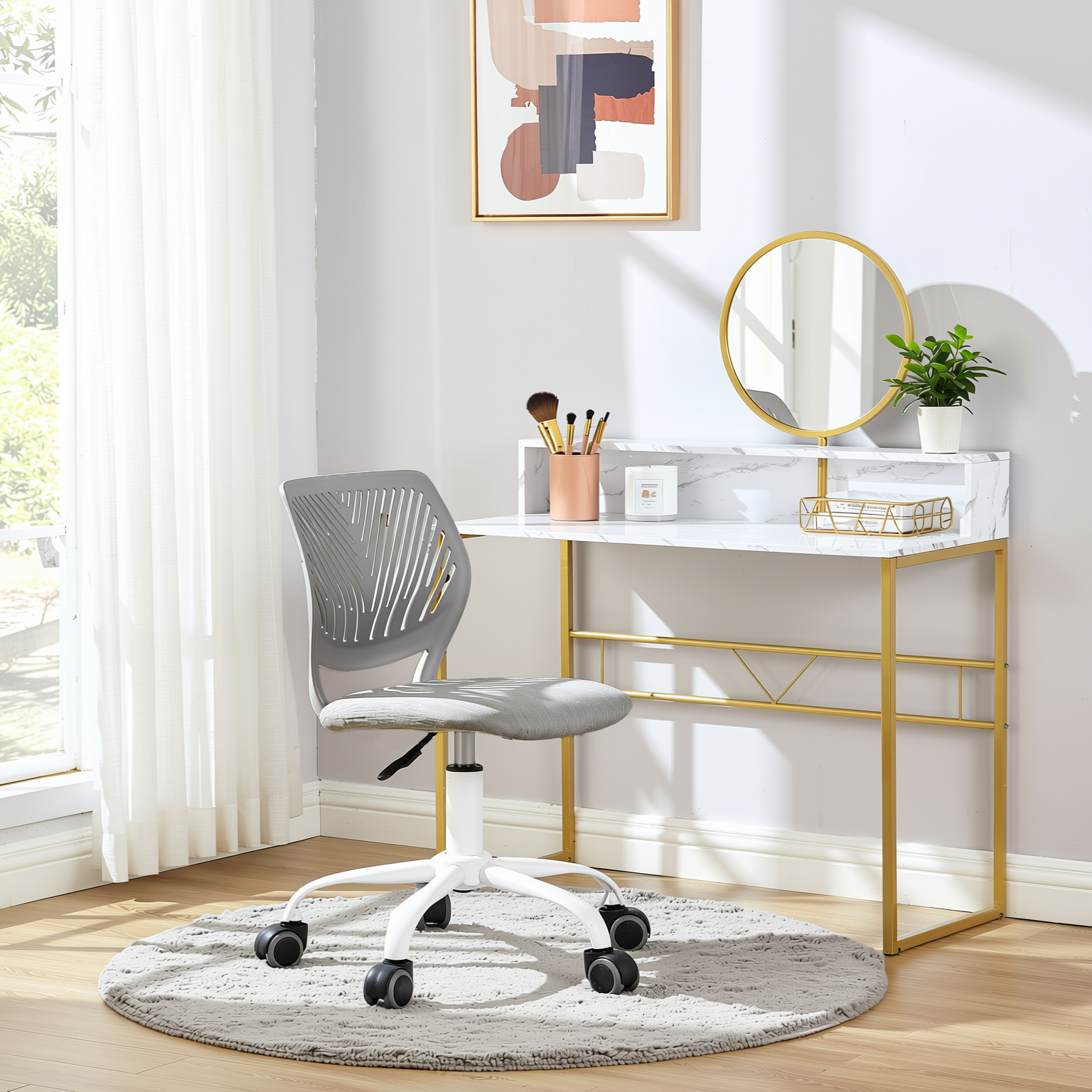 Homy Casa Chasson+Carnation 2PC Bedroom Vanity Set with Mirror and Grey Upholstered Office Chair in White