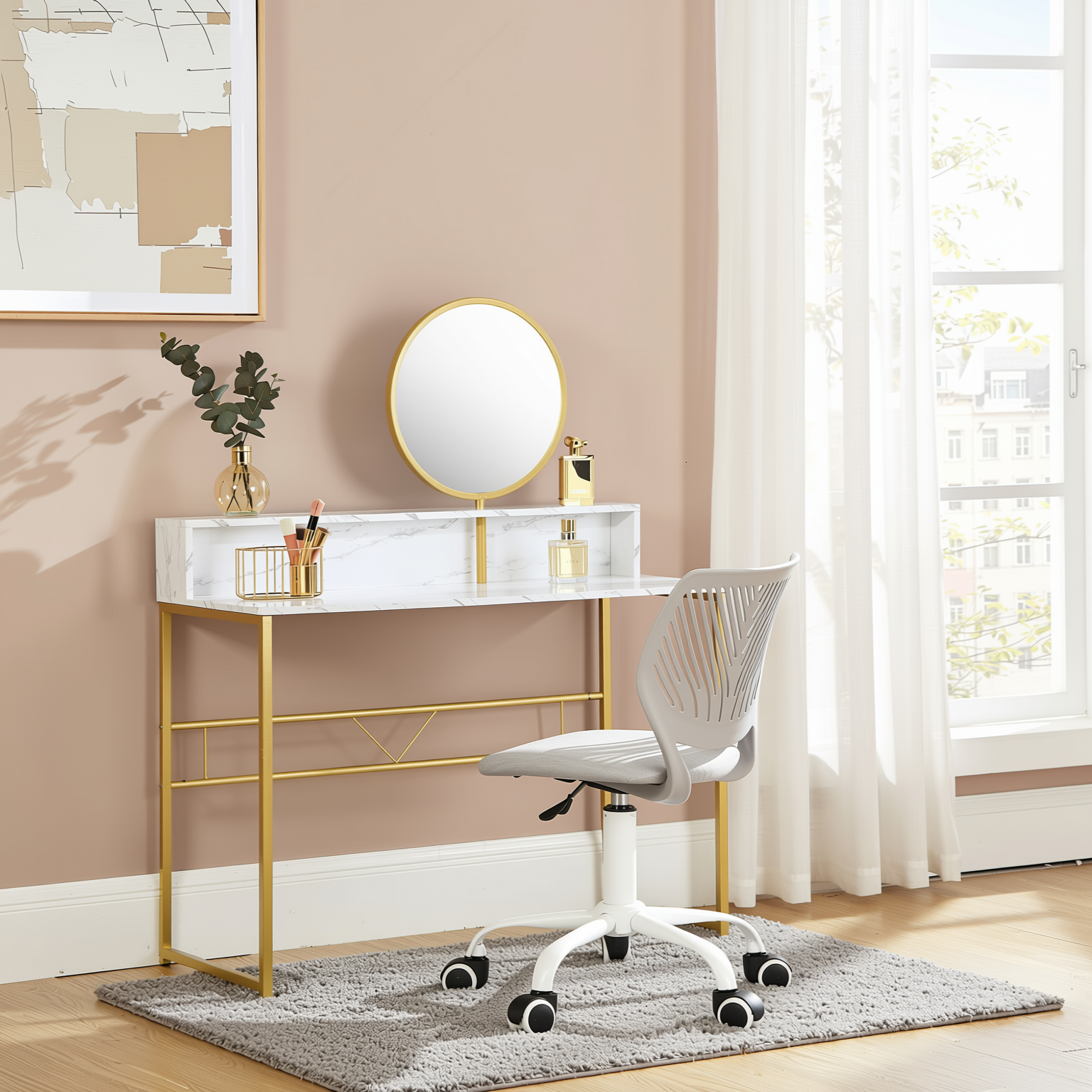 Homy Casa Chasson+Carnation 2PC Bedroom Vanity Set with Mirror and Grey Upholstered Office Chair in White