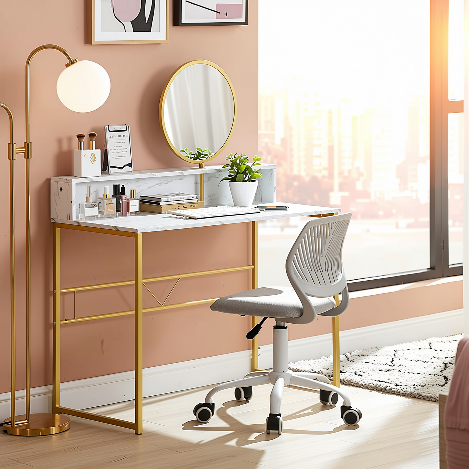 Homy Casa Chasson+Carnation 2PC Bedroom Vanity Set with Mirror and Grey Upholstered Office Chair in White