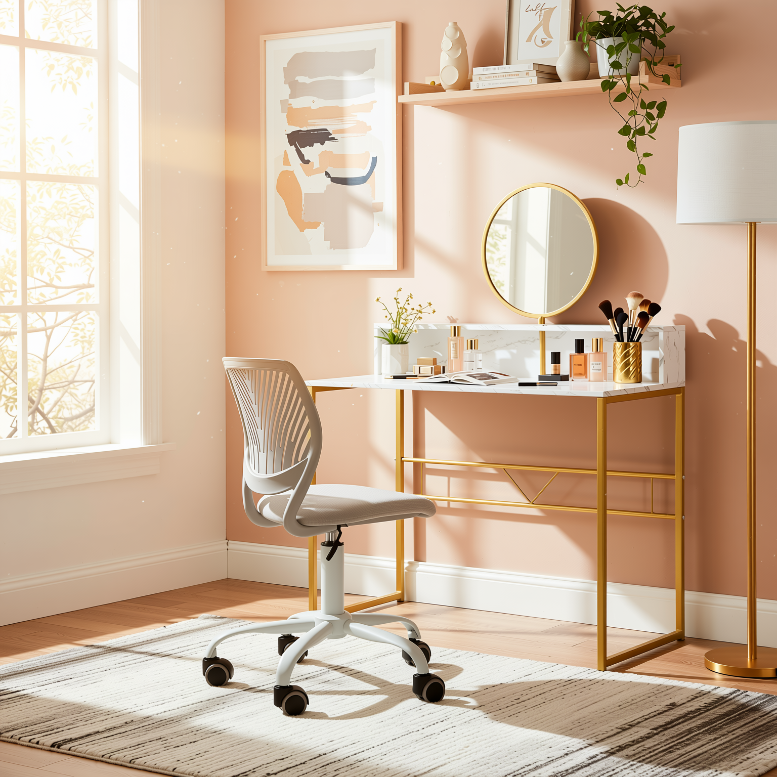 Homy Casa Vanity Desk and Chair 2PC Bedroom Vanity Set with Mirror and Storage in White & Grey