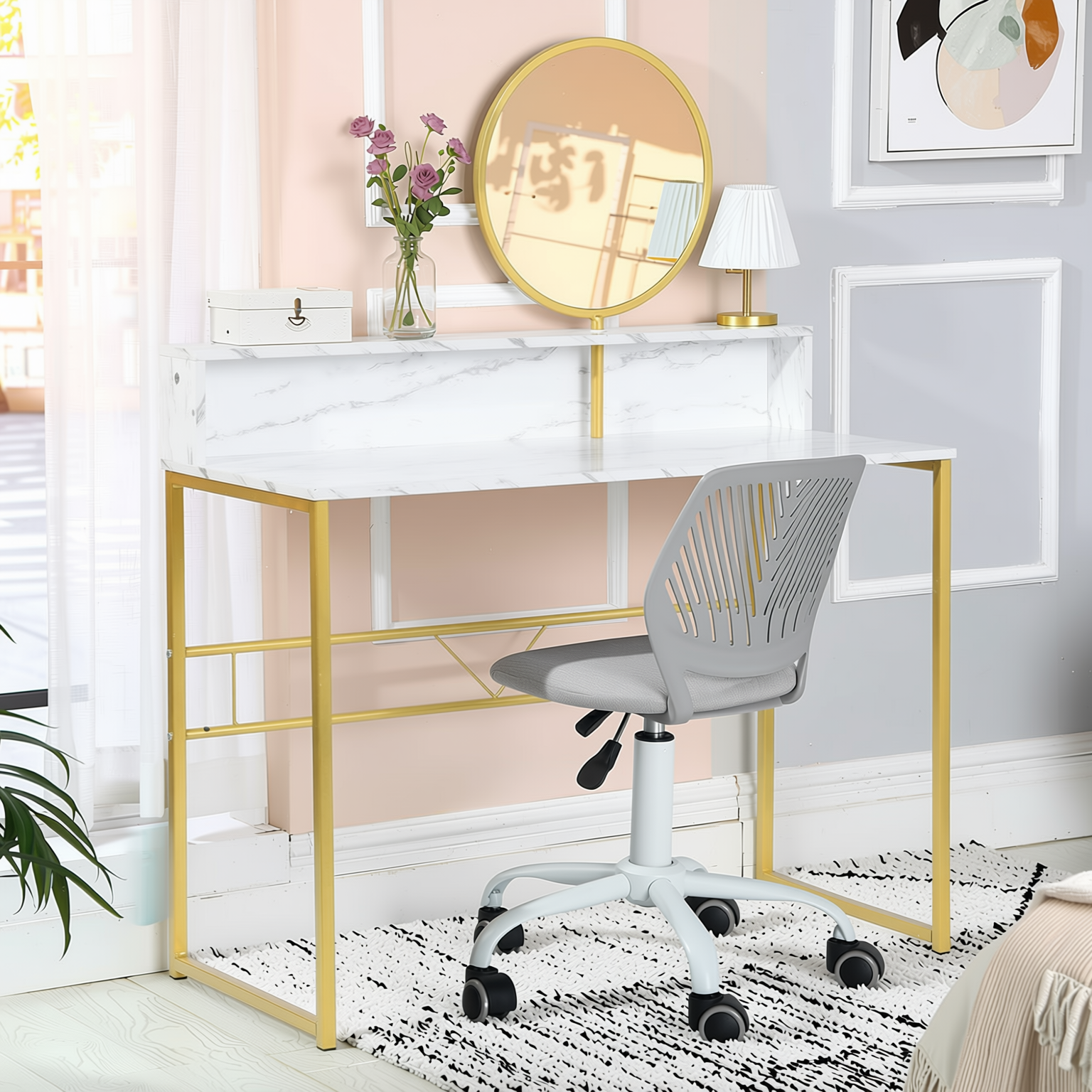 Homy Casa Chasson+Carnation 2PC Bedroom Vanity Set with Mirror and Grey Upholstered Office Chair in White