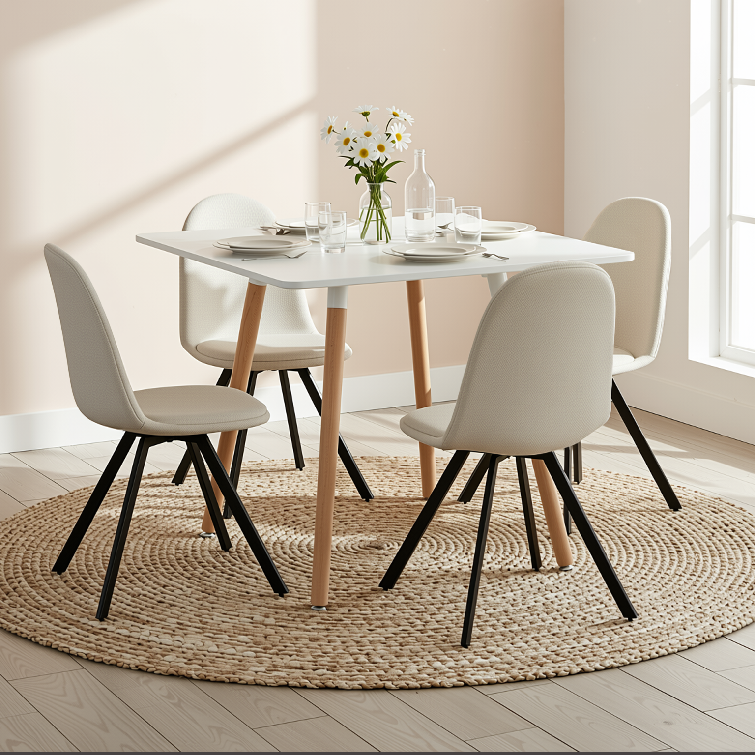 Homy Casa Rookie 5PC Dining Table Set 31.5” Square White Table with 4 Sunflower Beige Swival Upholstered Chairs
