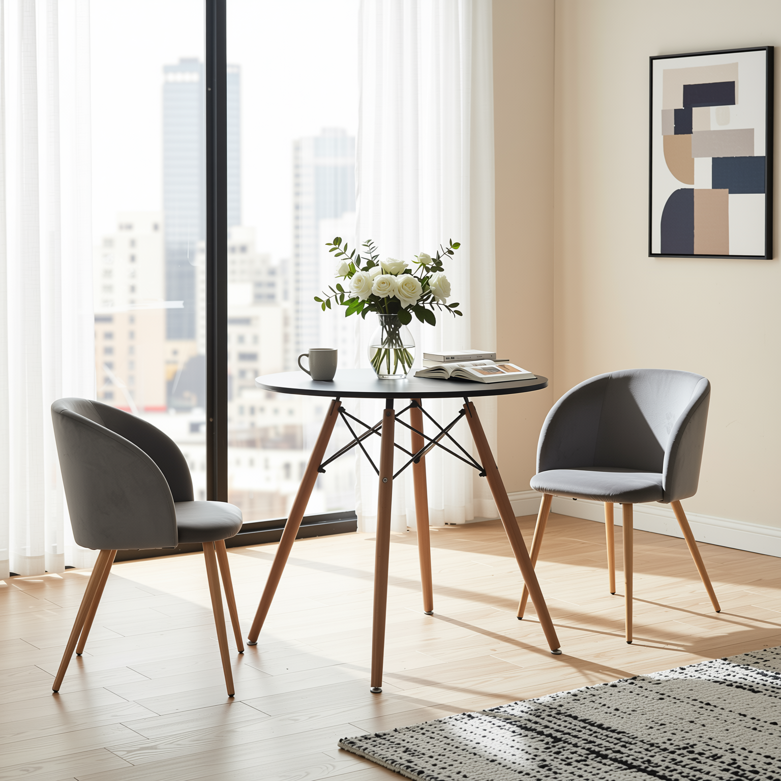 Homy Casa Chad 3PC Dining Set 31.5” Round Black Dining Table with 2 Ynez Grey Upholstered Chairs