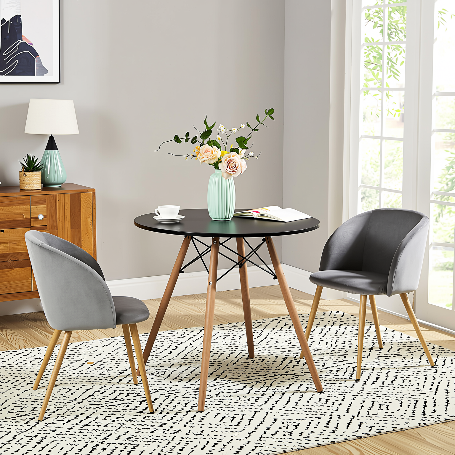 Homy Casa Chad 3PC Dining Set 31.5” Round Black Dining Table with 2 Ynez Grey Upholstered Chairs