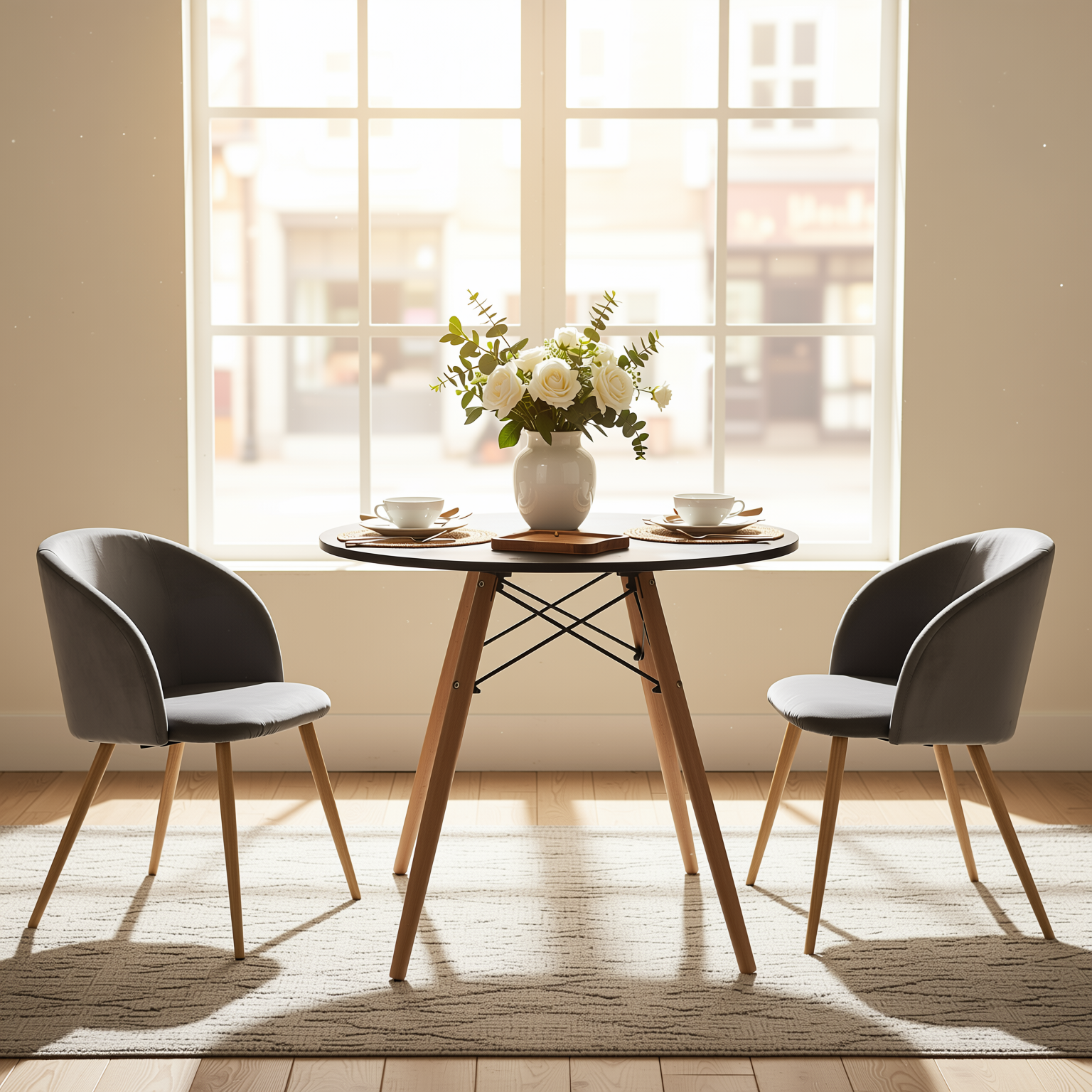 Homy Casa Chad 3PC Dining Set 31.5” Round Black Dining Table with 2 Ynez Grey Upholstered Chairs