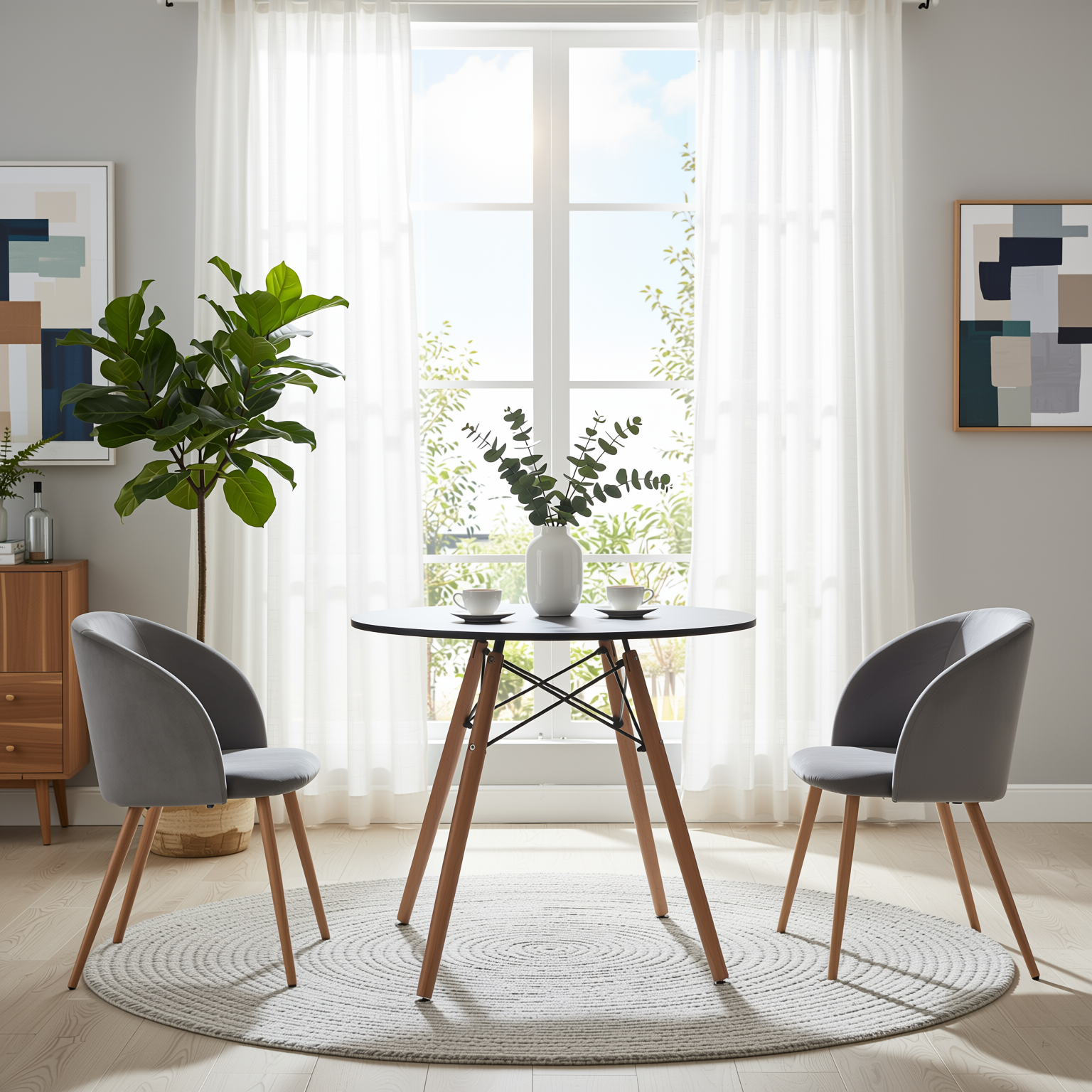 Homy Casa Chad 3PC Dining Set 31.5” Round Black Dining Table with 2 Ynez Grey Upholstered Chairs