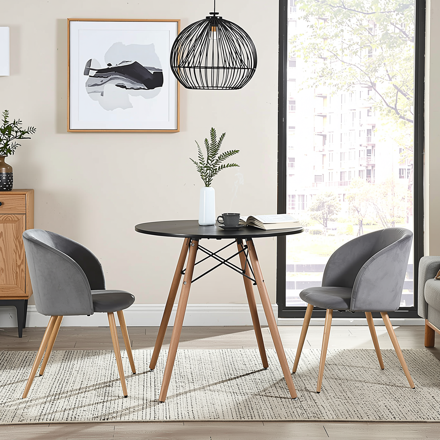 Homy Casa Chad 3PC Dining Set 31.5” Round Black Dining Table with 2 Ynez Grey Upholstered Chairs