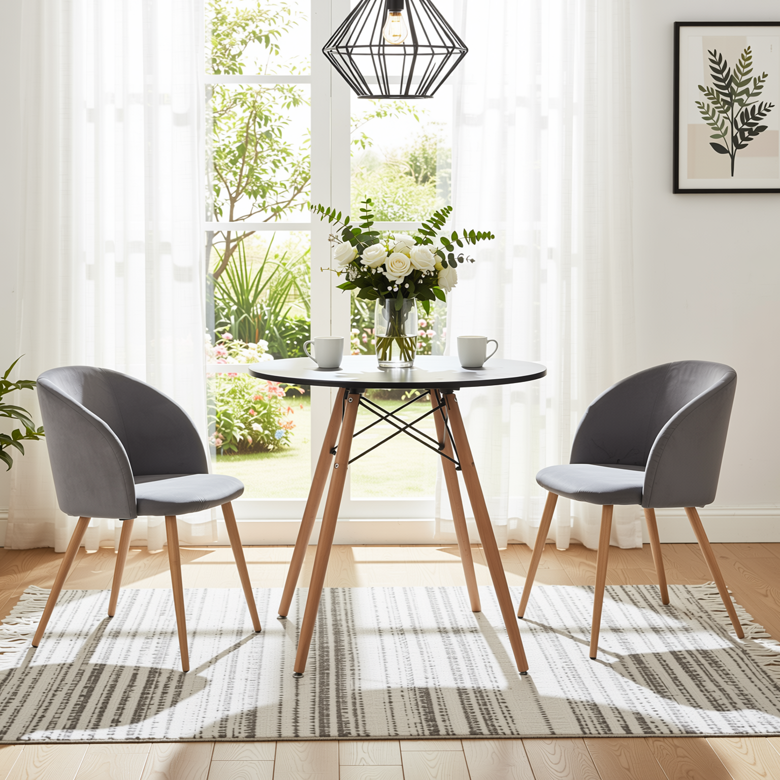 Homy Casa Chad 3PC Dining Set 31.5” Round Black Dining Table with 2 Ynez Grey Upholstered Chairs