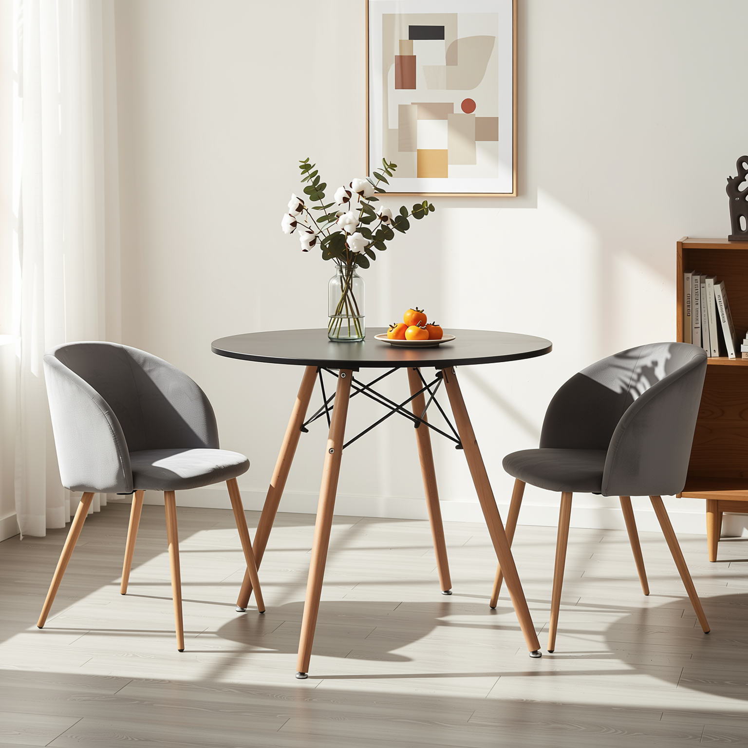 Homy Casa Chad 3PC Dining Set 31.5” Round Black Dining Table with 2 Ynez Grey Upholstered Chairs