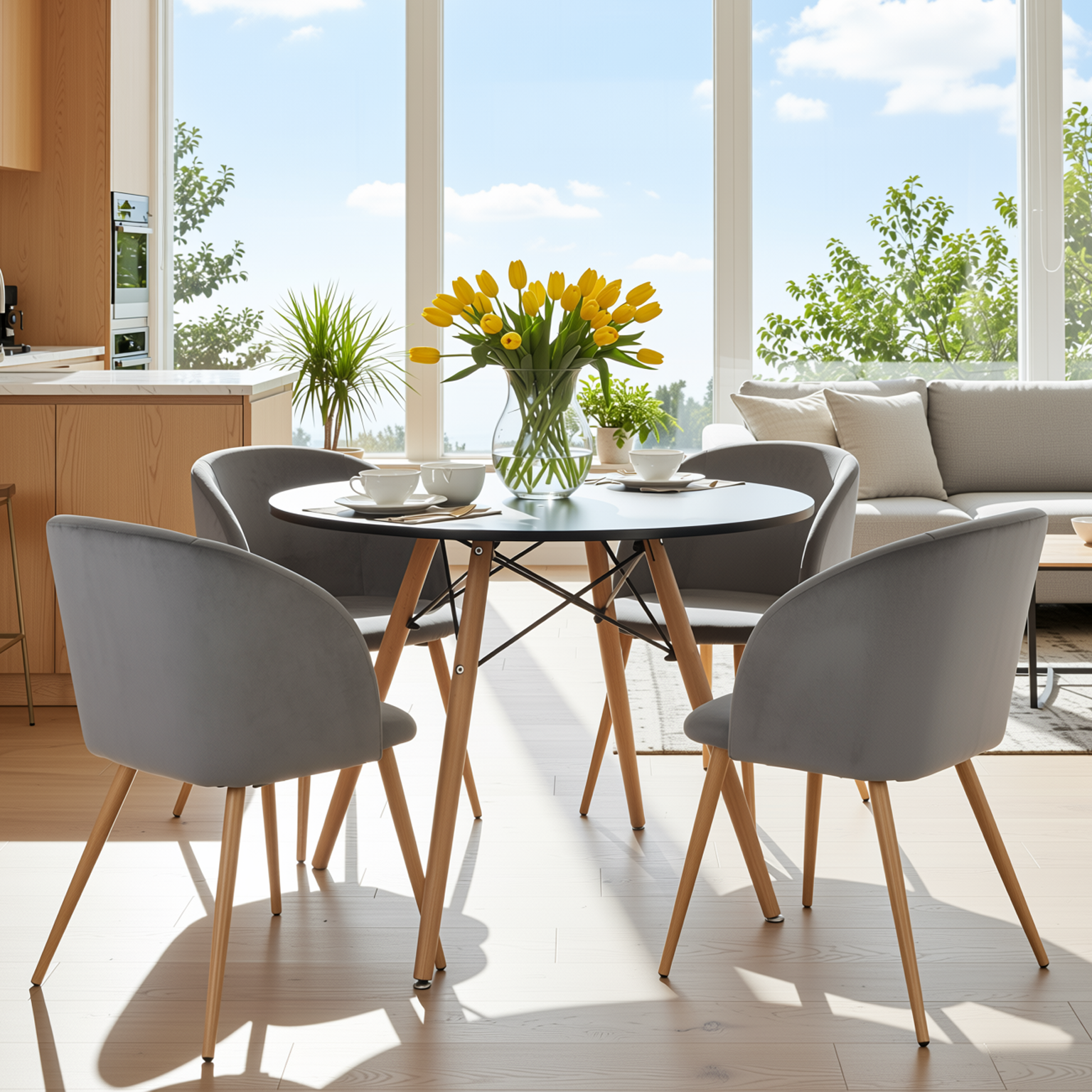 Homy Casa Chad 5PC Dining Set 31.5” Round Black Dining Table with 4 Ynez Grey Upholstered Chairs