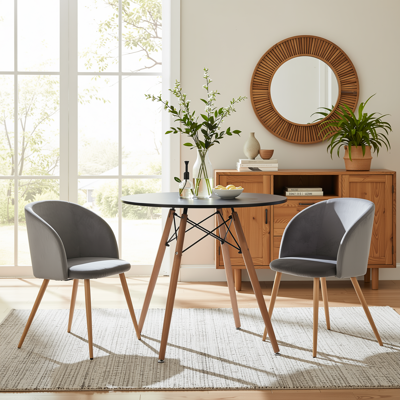 Homy Casa Chad 3PC Dining Set 31.5” Round Black Dining Table with 2 Ynez Grey Upholstered Chairs