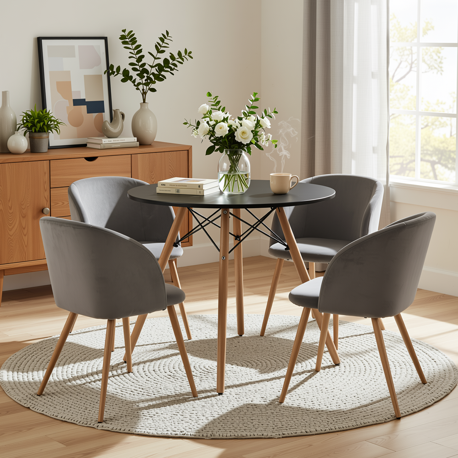 Homy Casa Chad 5PC Dining Set 31.5” Round Black Dining Table with 4 Ynez Grey Upholstered Chairs