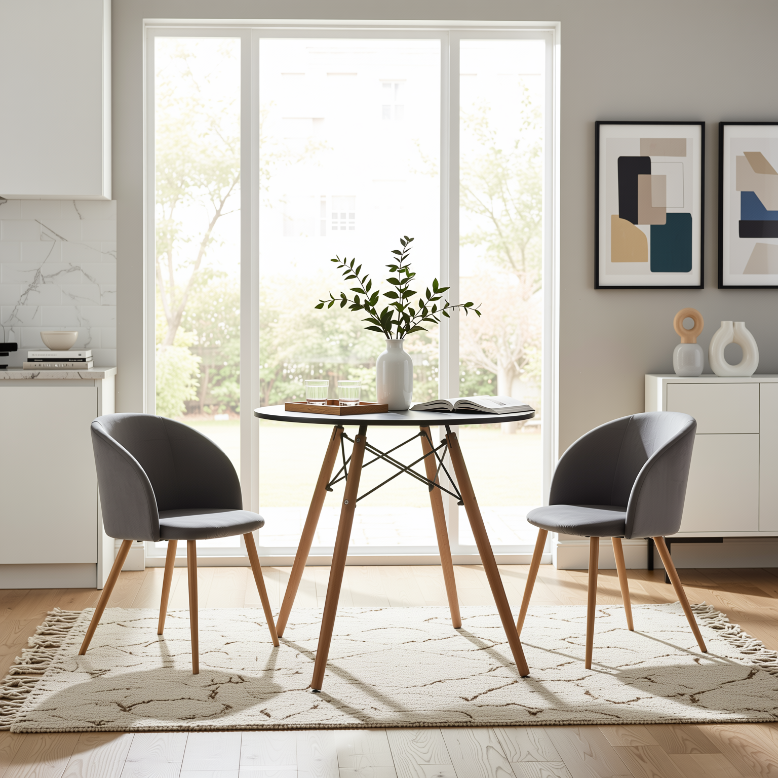 Homy Casa Chad 3PC Dining Set 31.5” Round Black Dining Table with 2 Ynez Grey Upholstered Chairs