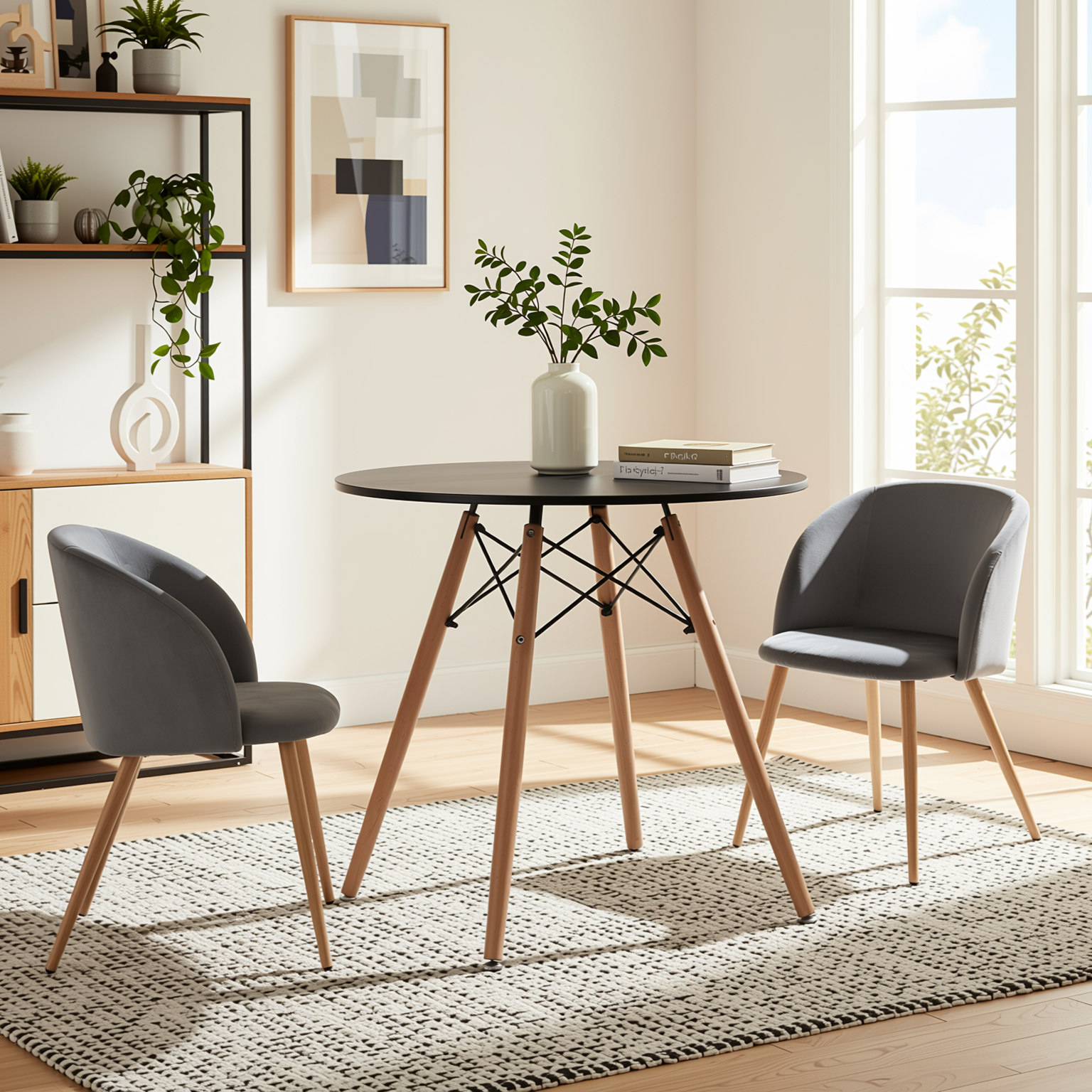 Homy Casa Chad 3PC Dining Set 31.5” Round Black Dining Table with 2 Ynez Grey Upholstered Chairs