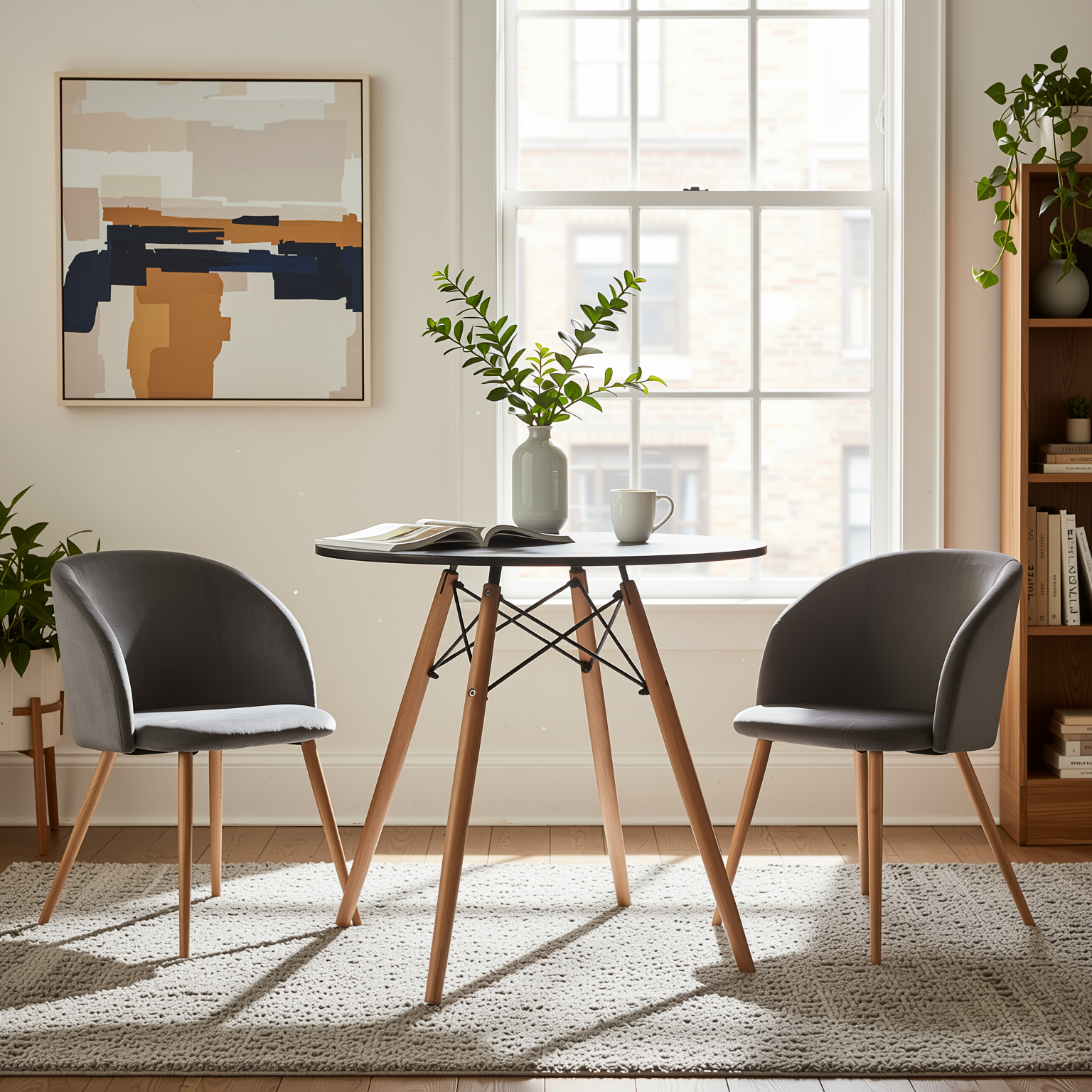 Homy Casa Chad 3PC Dining Set 31.5” Round Black Dining Table with 2 Ynez Grey Upholstered Chairs