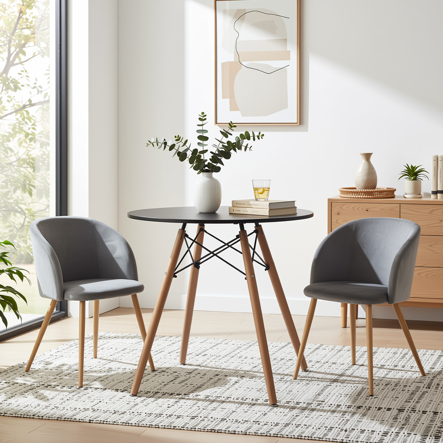 Homy Casa Chad 3PC Dining Set 31.5” Round Black Dining Table with 2 Ynez Grey Upholstered Chairs