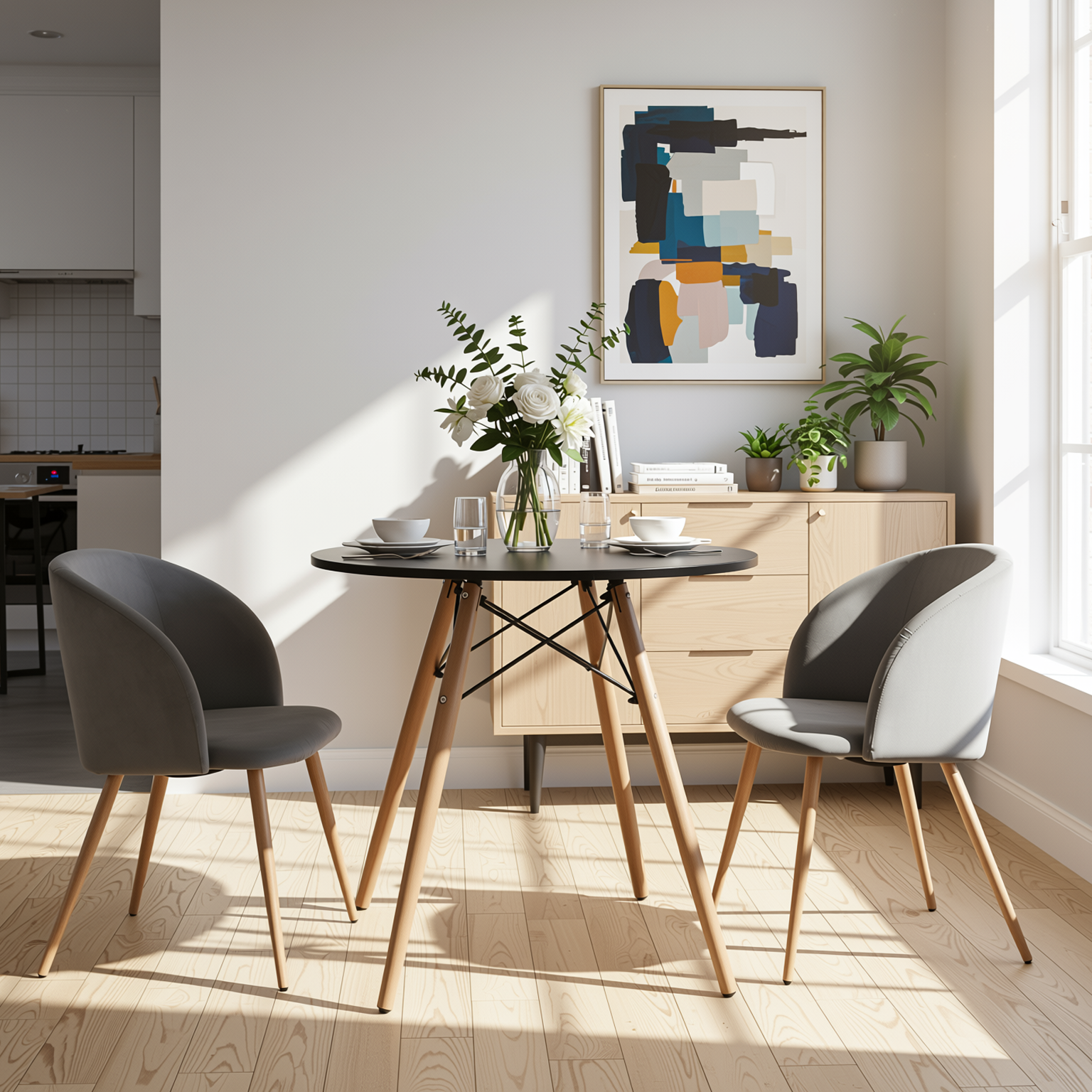 Homy Casa Chad 3PC Dining Set 31.5” Round Black Dining Table with 2 Ynez Grey Upholstered Chairs