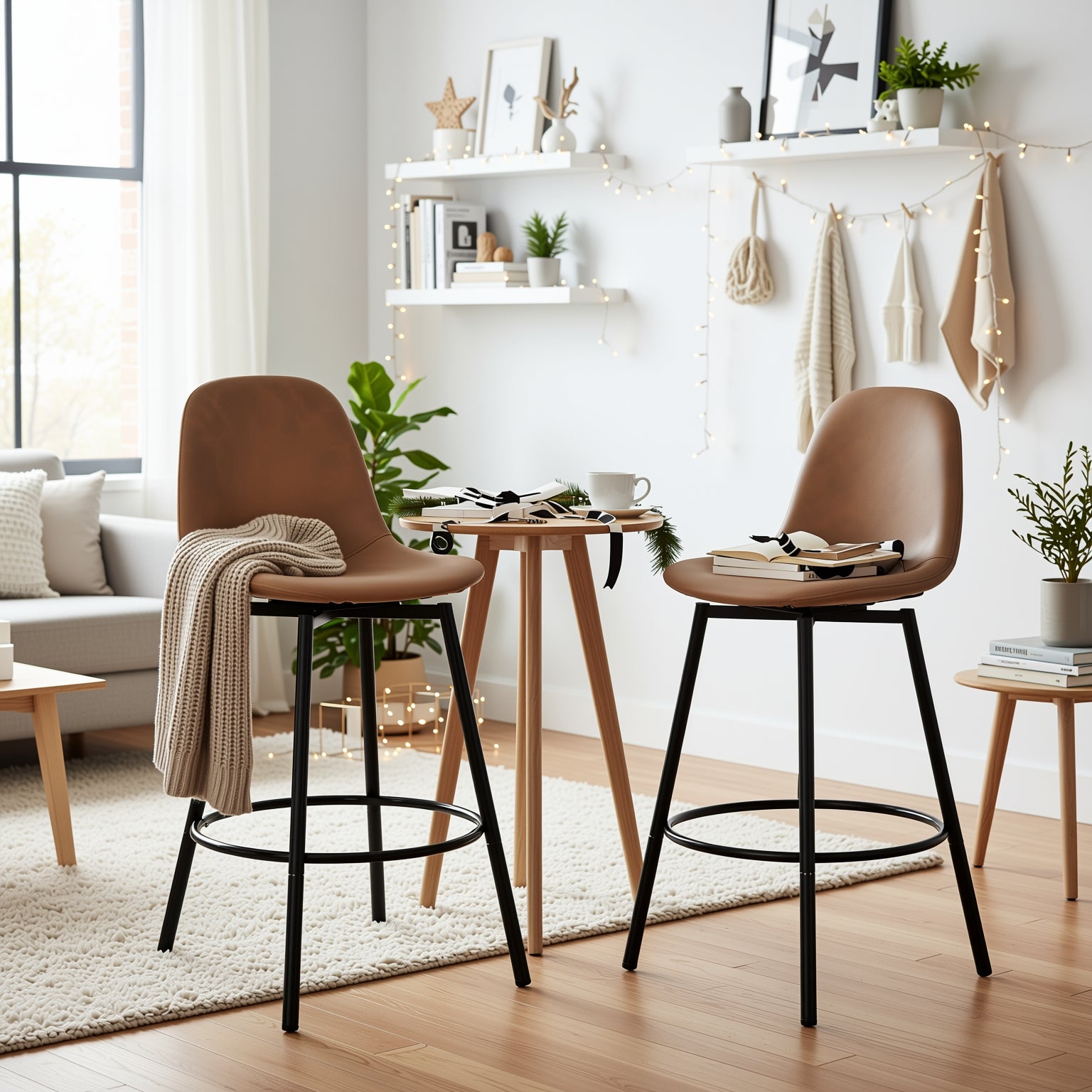 Char Set of 2 Modern Faux Leather Swivel Counter Stools Brown