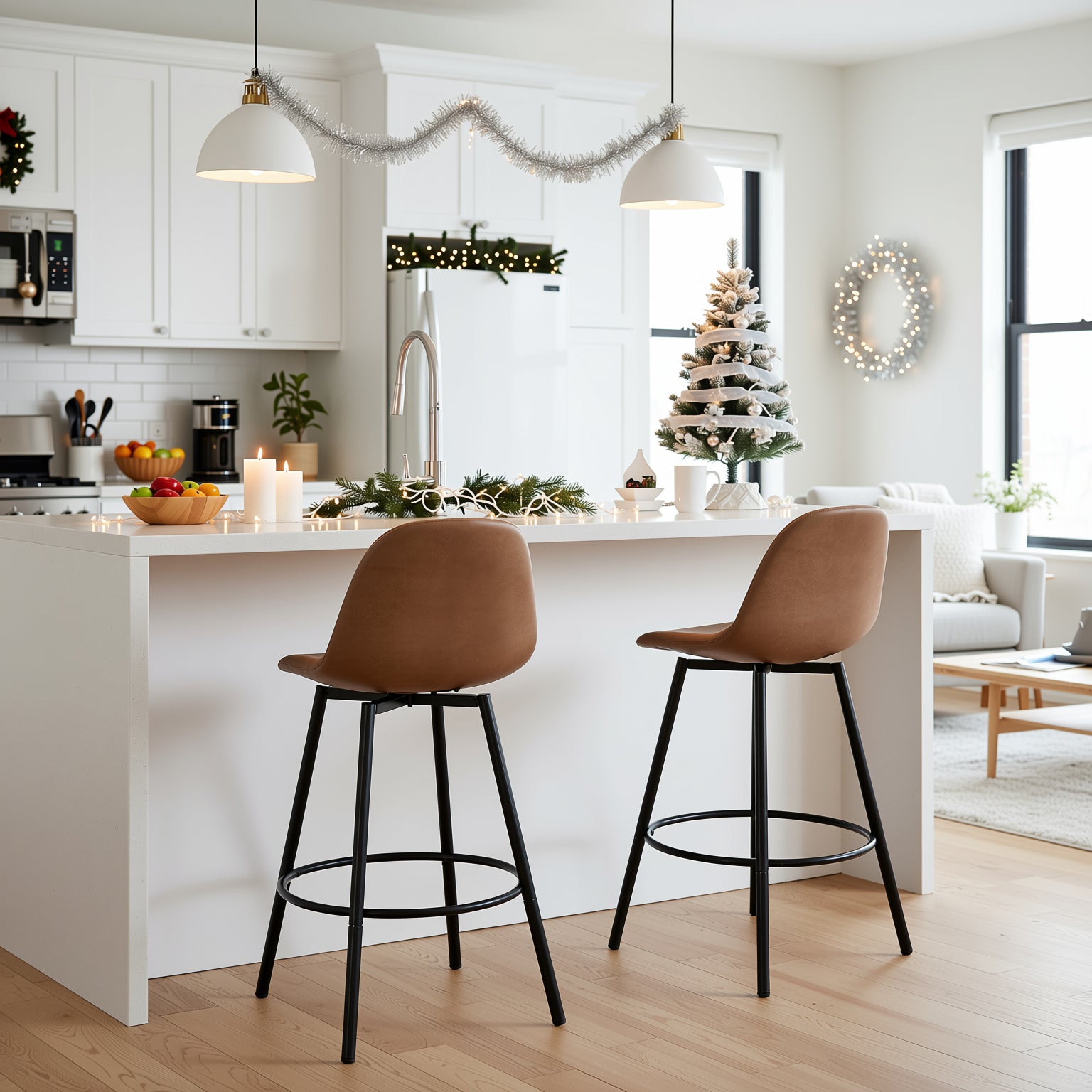 Char Set of 2 Modern Faux Leather Swivel Counter Stools Brown