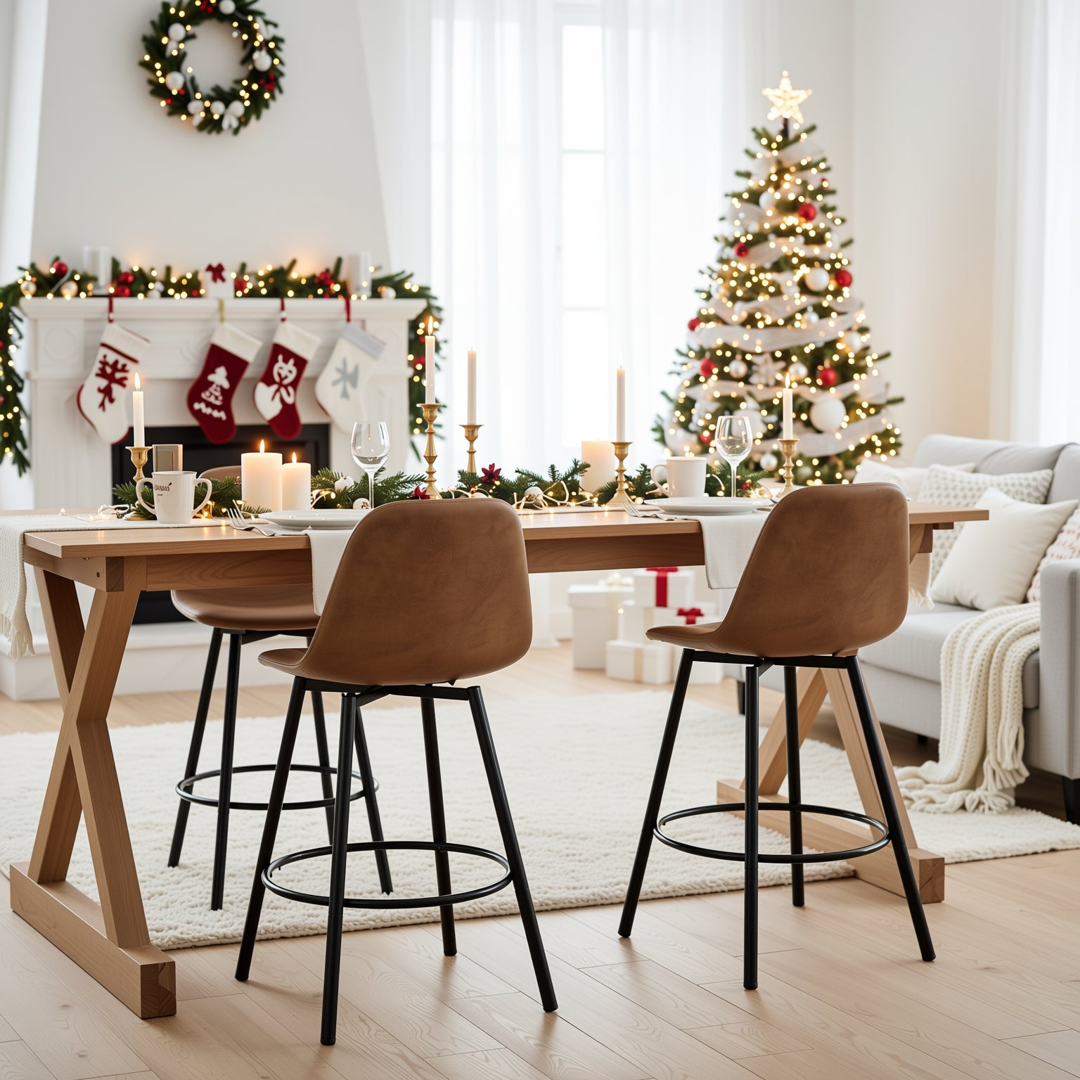 Char Set of 2 Modern Faux Leather Swivel Counter Stools Brown