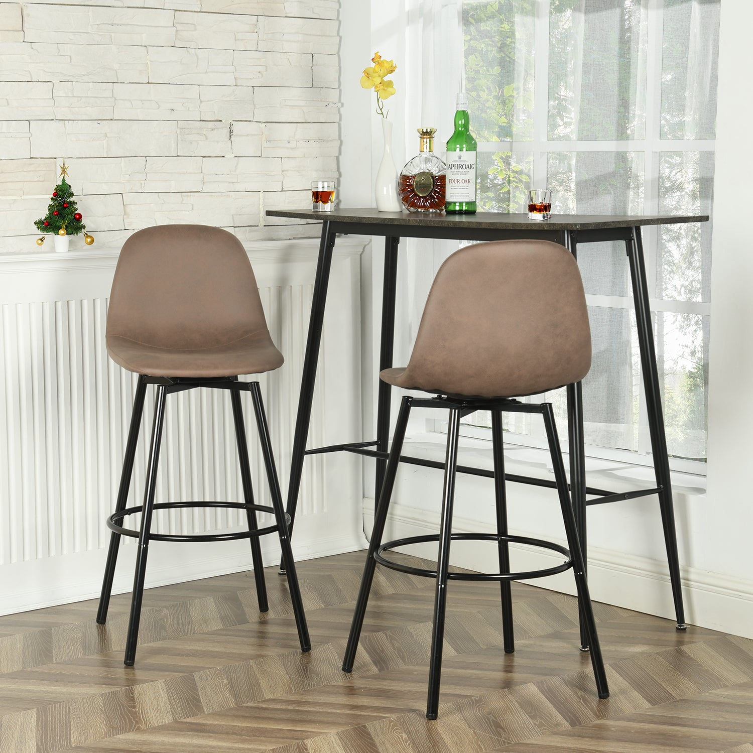 Char Set of 2 Modern Faux Leather Swivel Counter Stools Brown