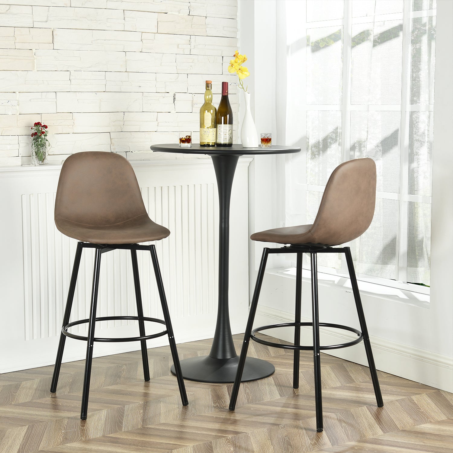 Char Set of 2 Modern Faux Leather Swivel Counter Stools Brown