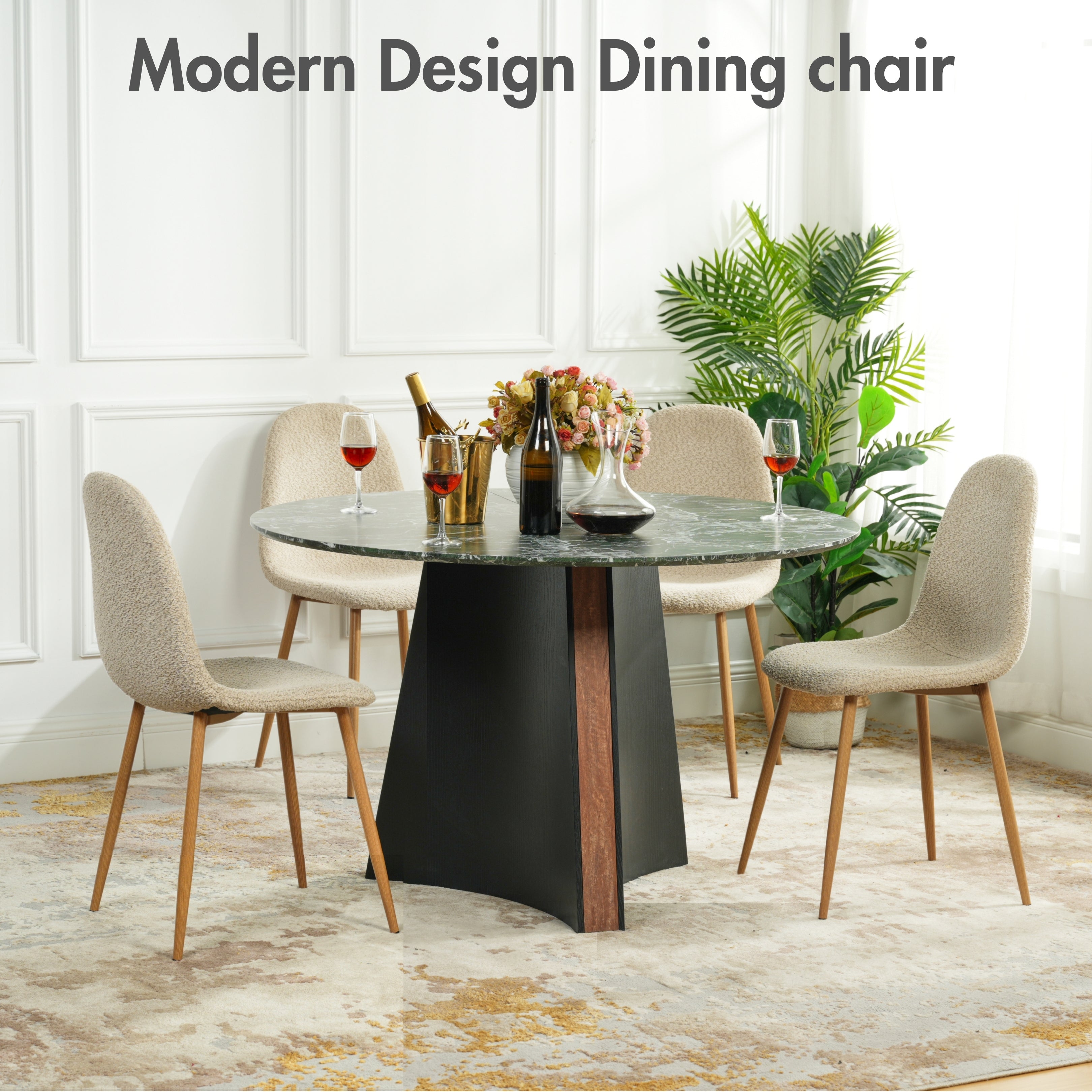 Charlton 4PC Modern Dining Chairs, Curved Fabric Seats with Wood-Look Metal Legs, Beige Upholstery, Easy Assembly