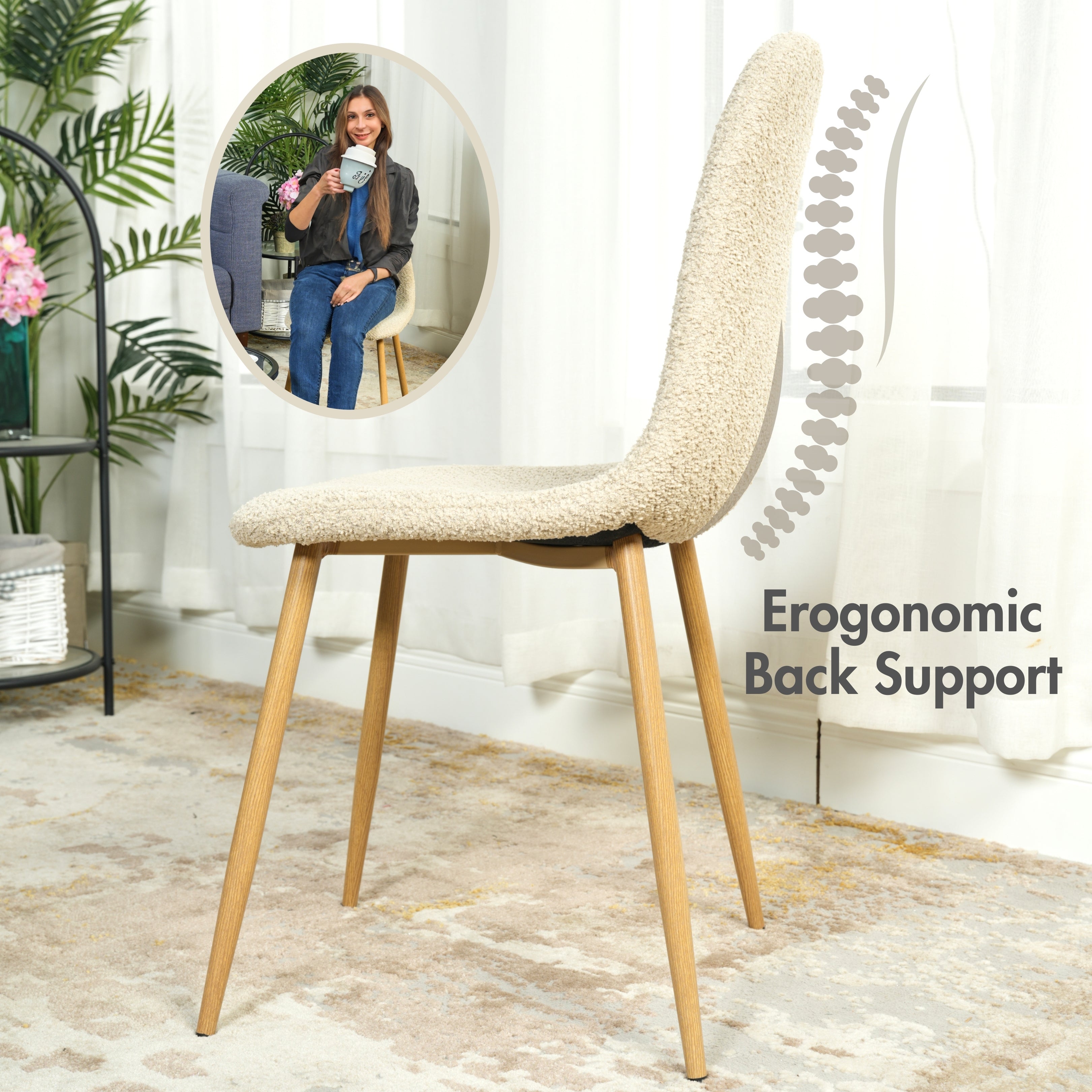 Charlton 4PC Modern Dining Chairs, Curved Fabric Seats with Wood-Look Metal Legs, Beige Upholstery, Easy Assembly