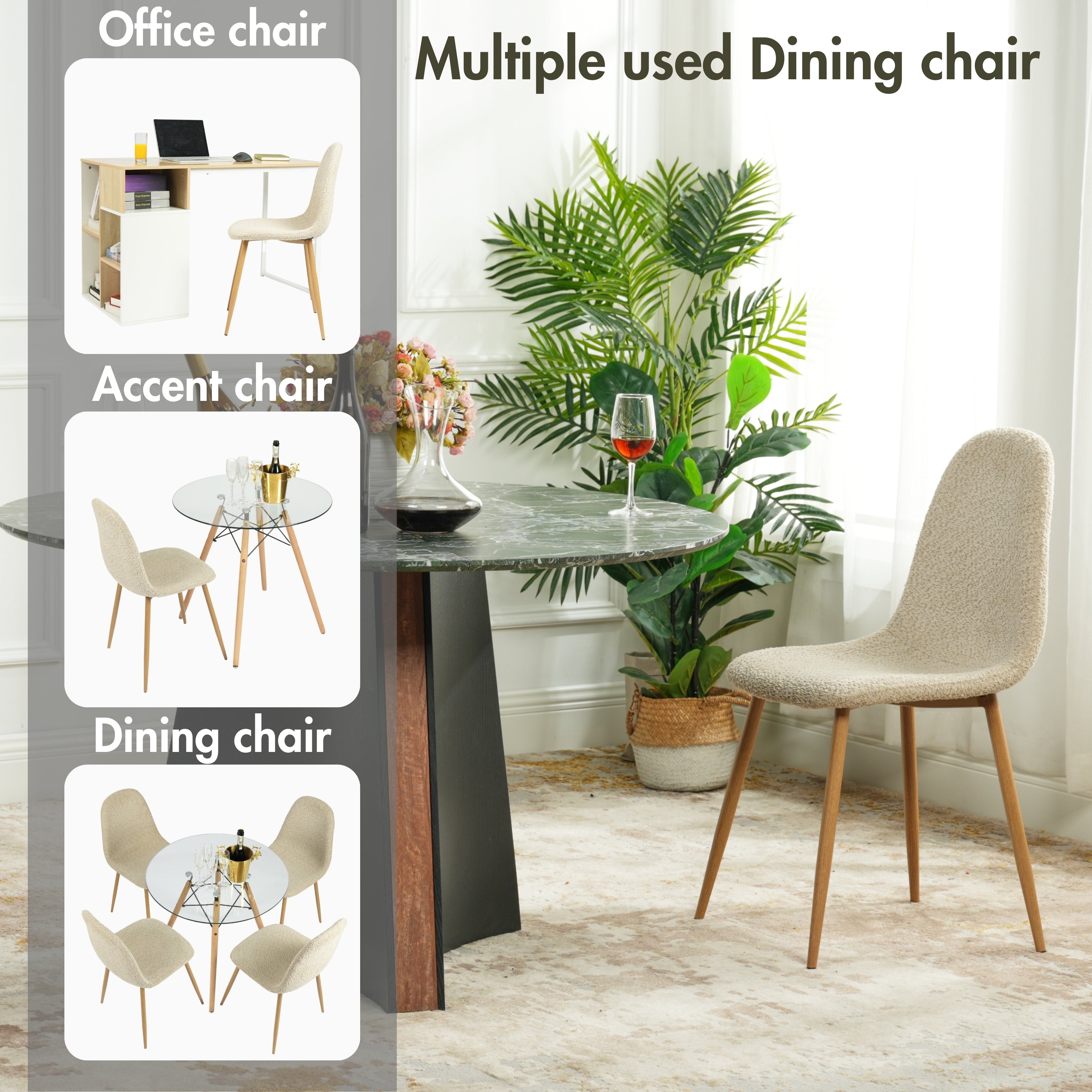 Charlton 4PC Modern Dining Chairs, Curved Fabric Seats with Wood-Look Metal Legs, Beige Upholstery, Easy Assembly