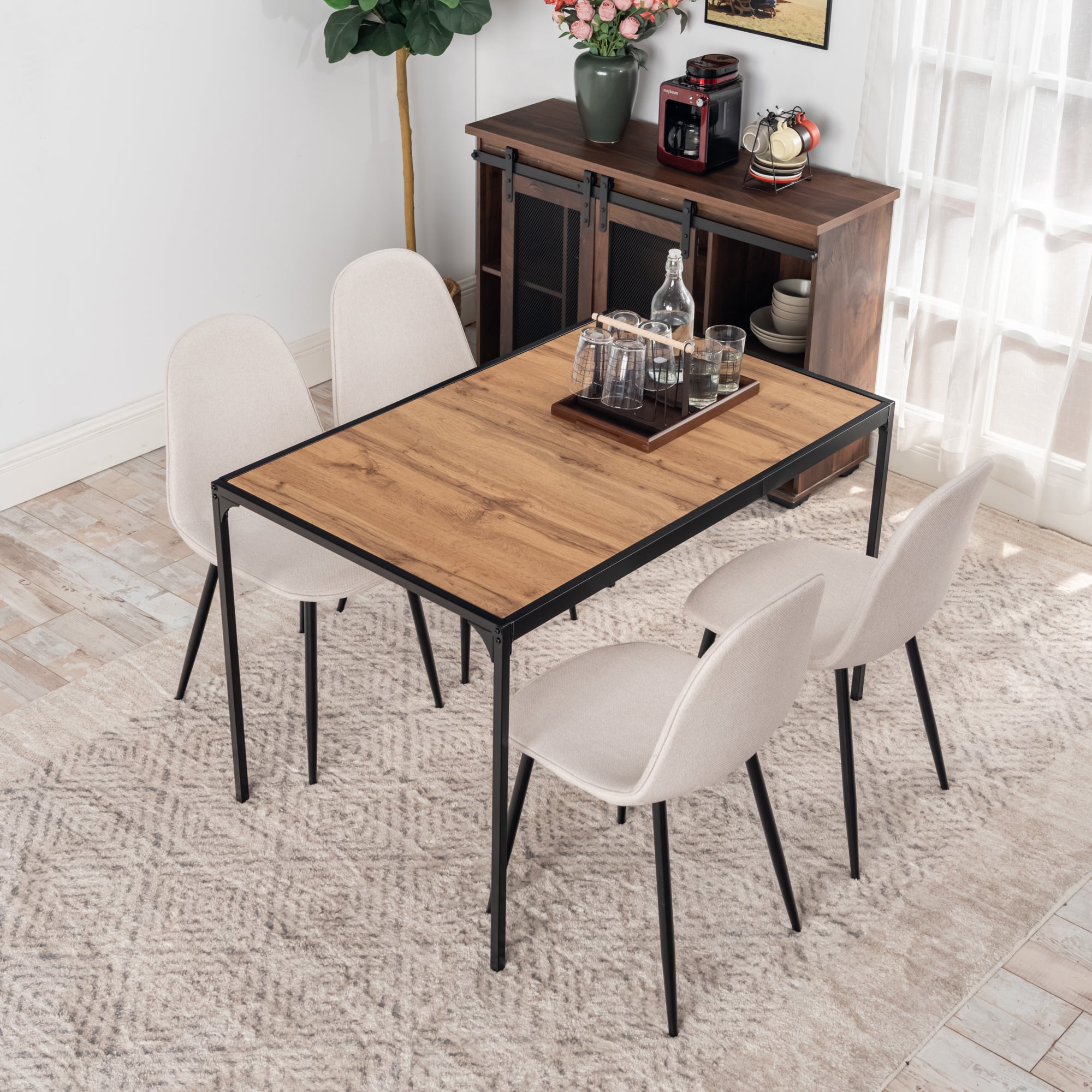 Homy Casa Milliken 5PC Dining Set 47” Oak Table with 4 Charlton Lumos Beige Upholstered Chairs Open Box