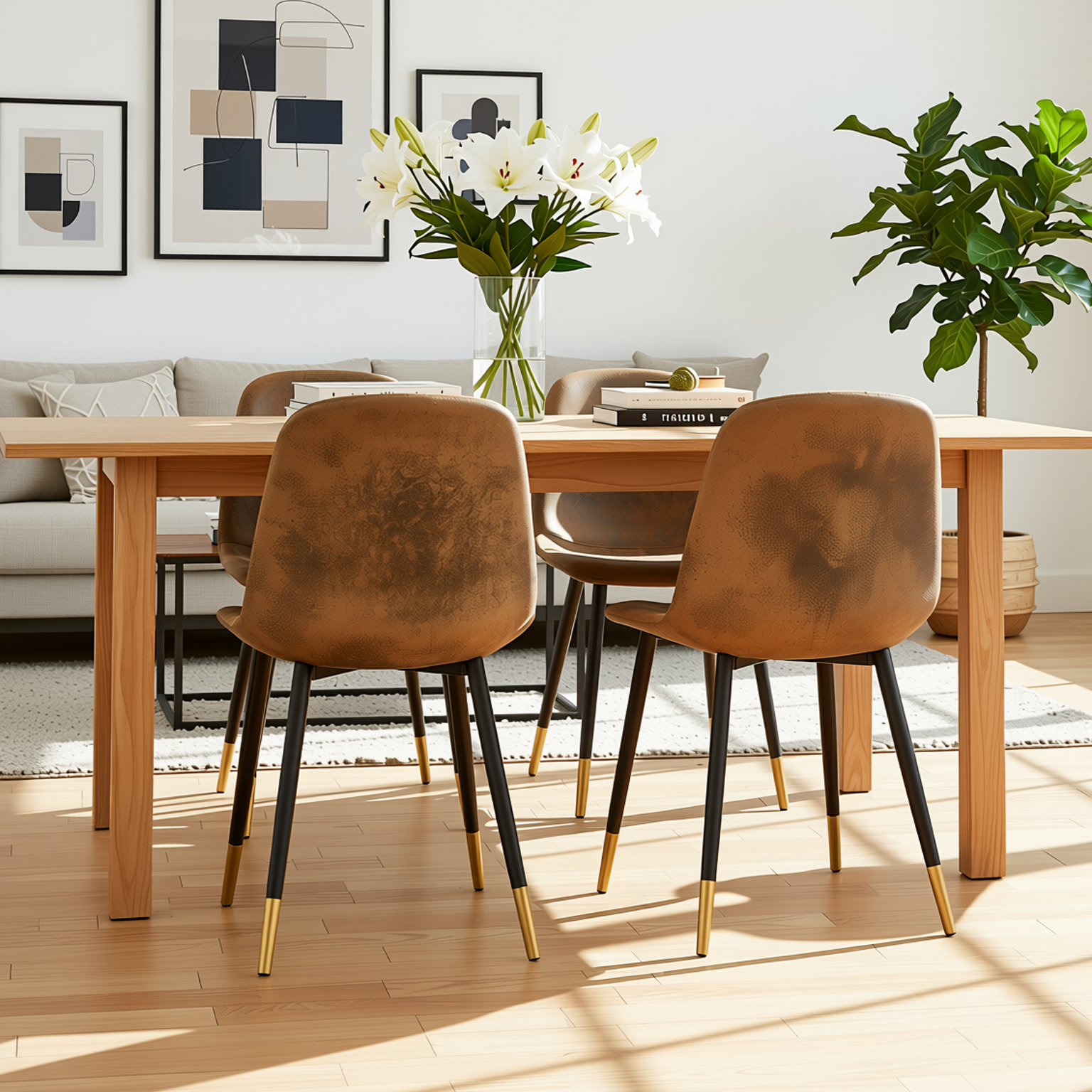 Homy Casa CHARLTON 4PC Brown Suede Dining Chair, Industrial Metal Frame