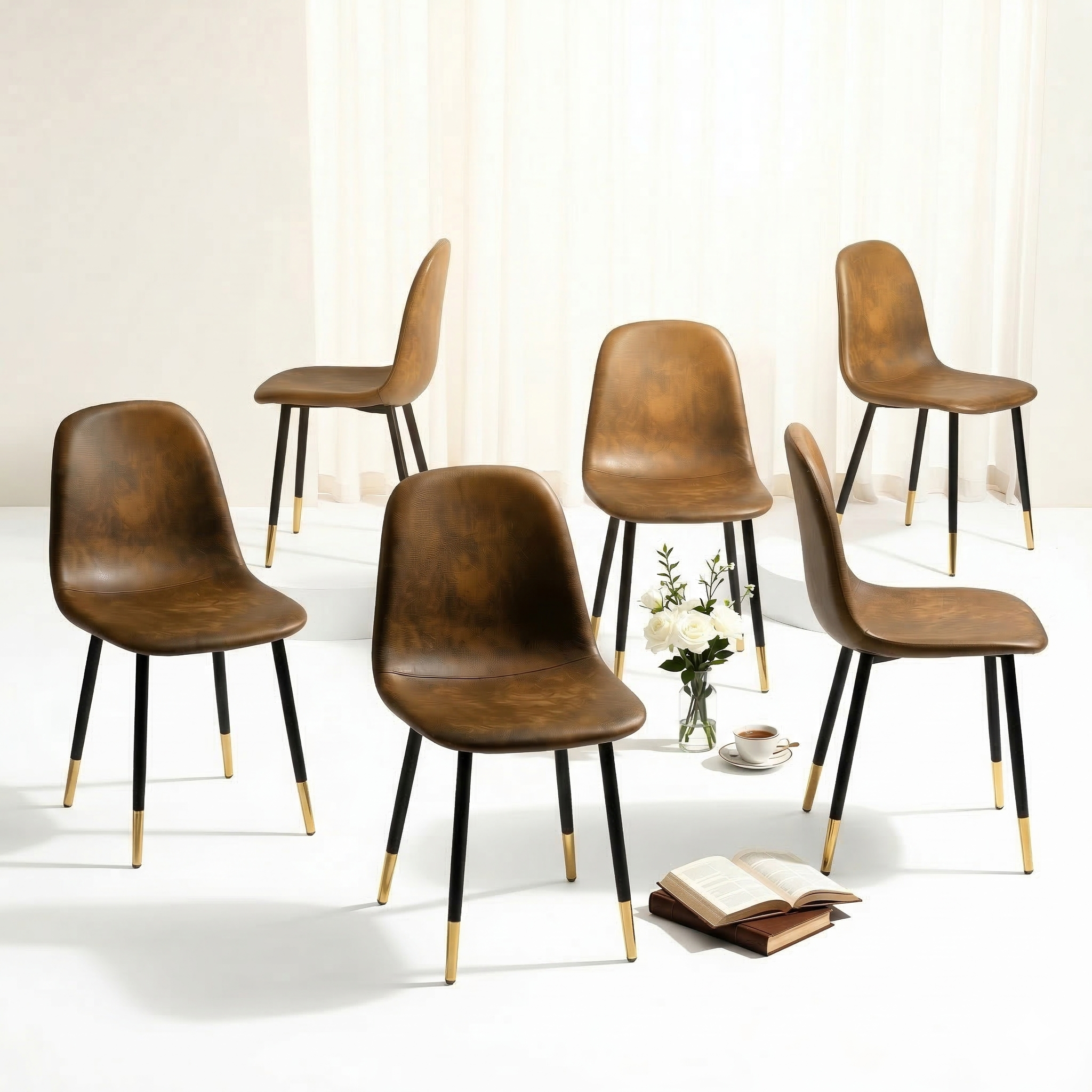 Homy Casa CHARLTON 4PC Brown Suede Dining Chair, Industrial Metal Frame