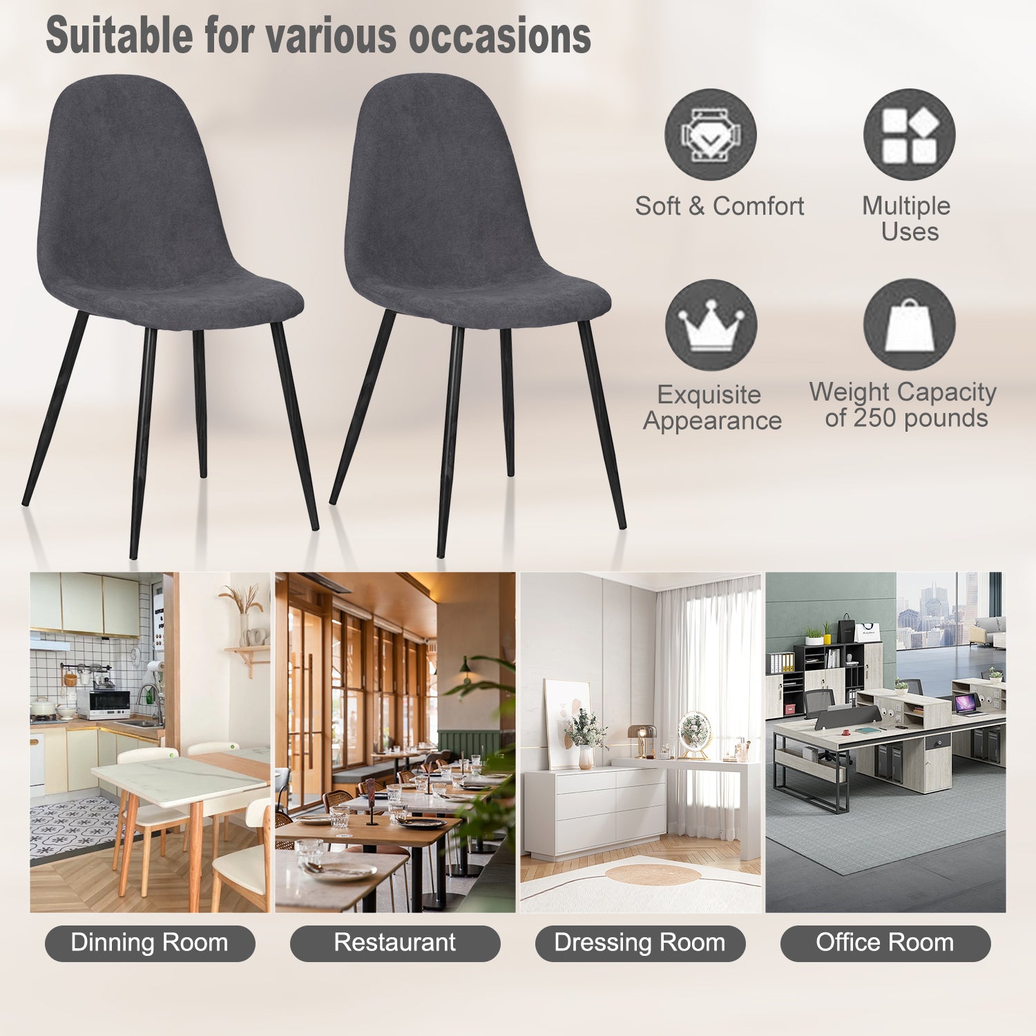 Homy Casa Charlton 4PC Terry Grey Fabric Dining Chairs, Open Box