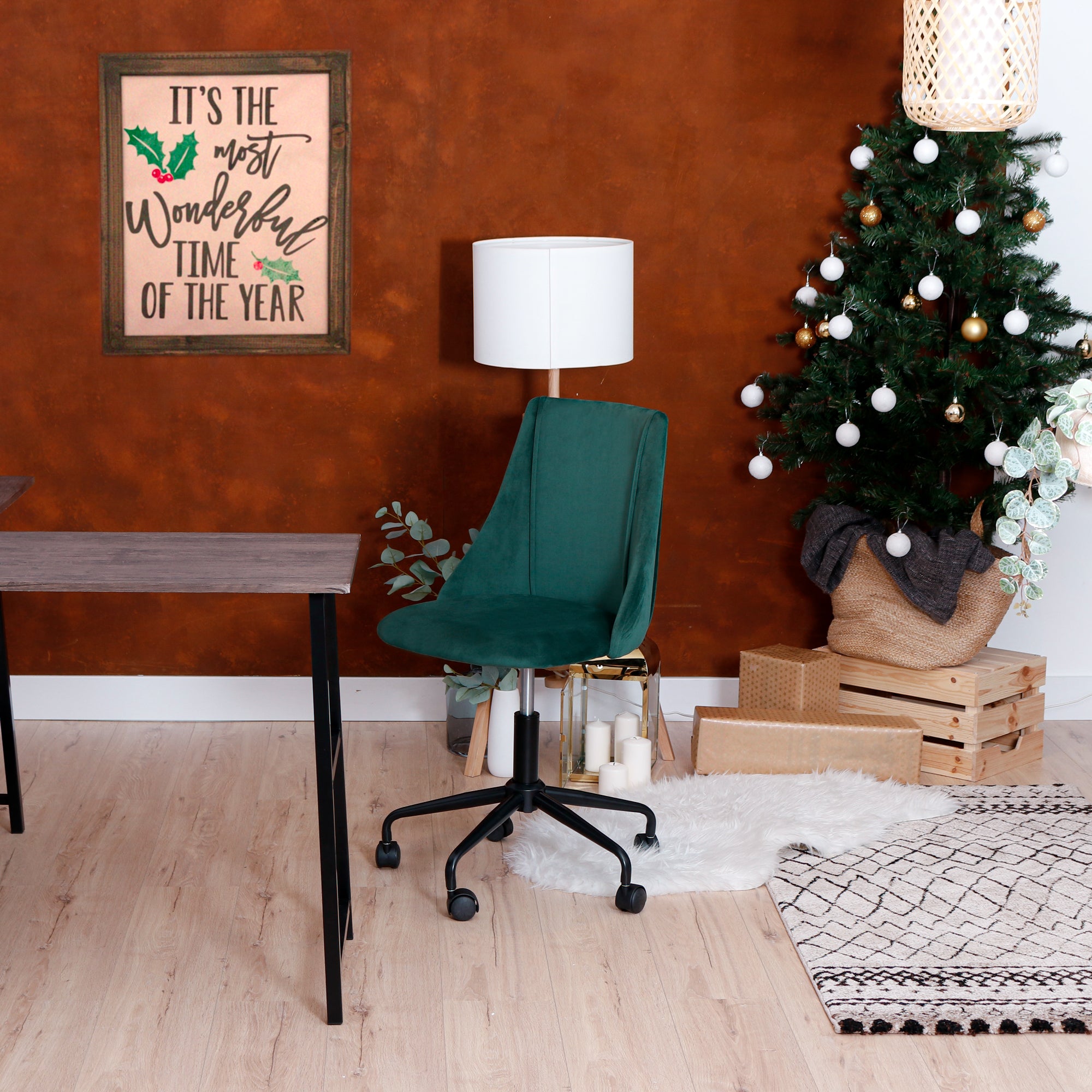 Homy Casa CIAN GREEN Velvet Office Chair, Adjustable Height, Dark Green, Steel Frame