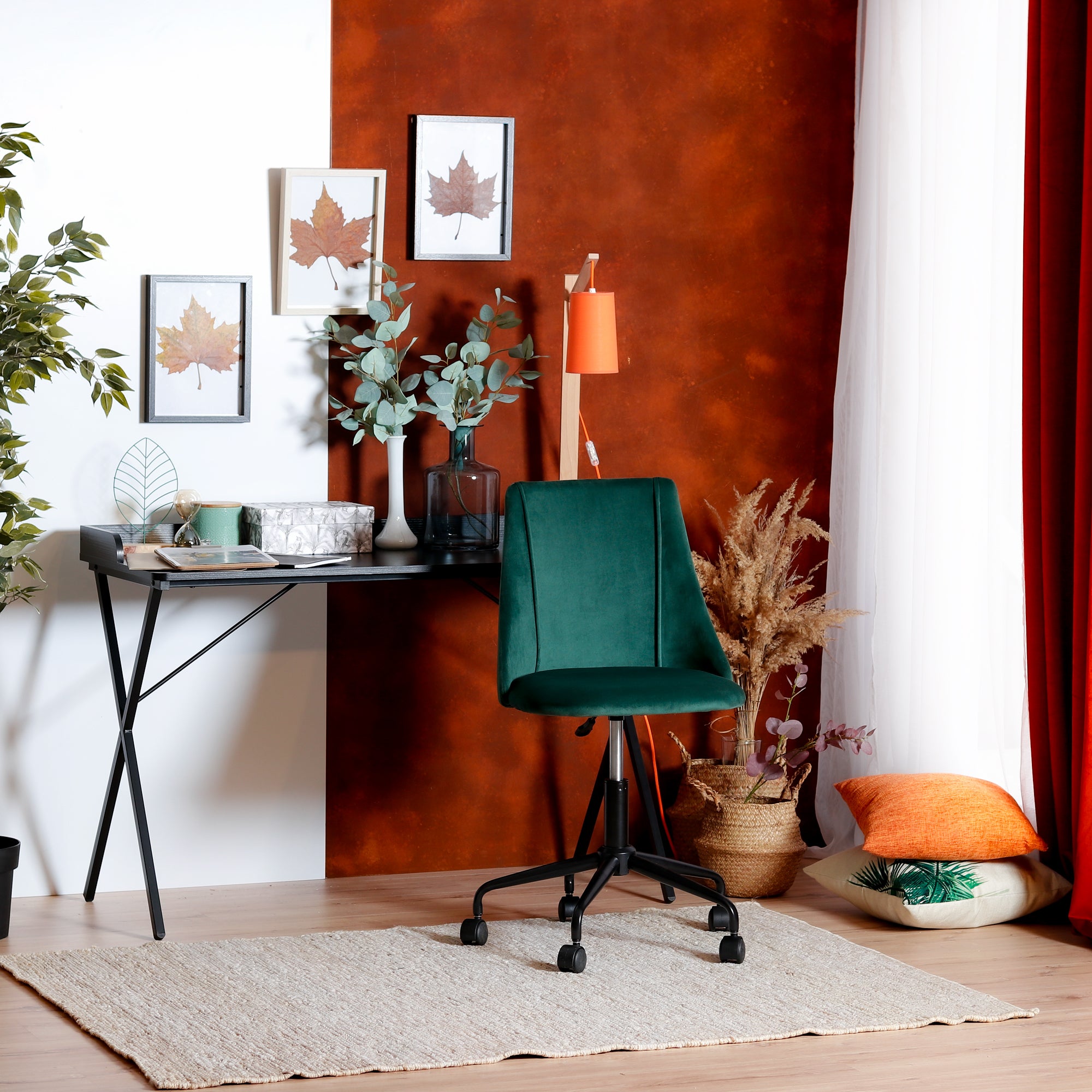 Homy Casa CIAN GREEN Velvet Office Chair, Adjustable Height, Dark Green, Steel Frame