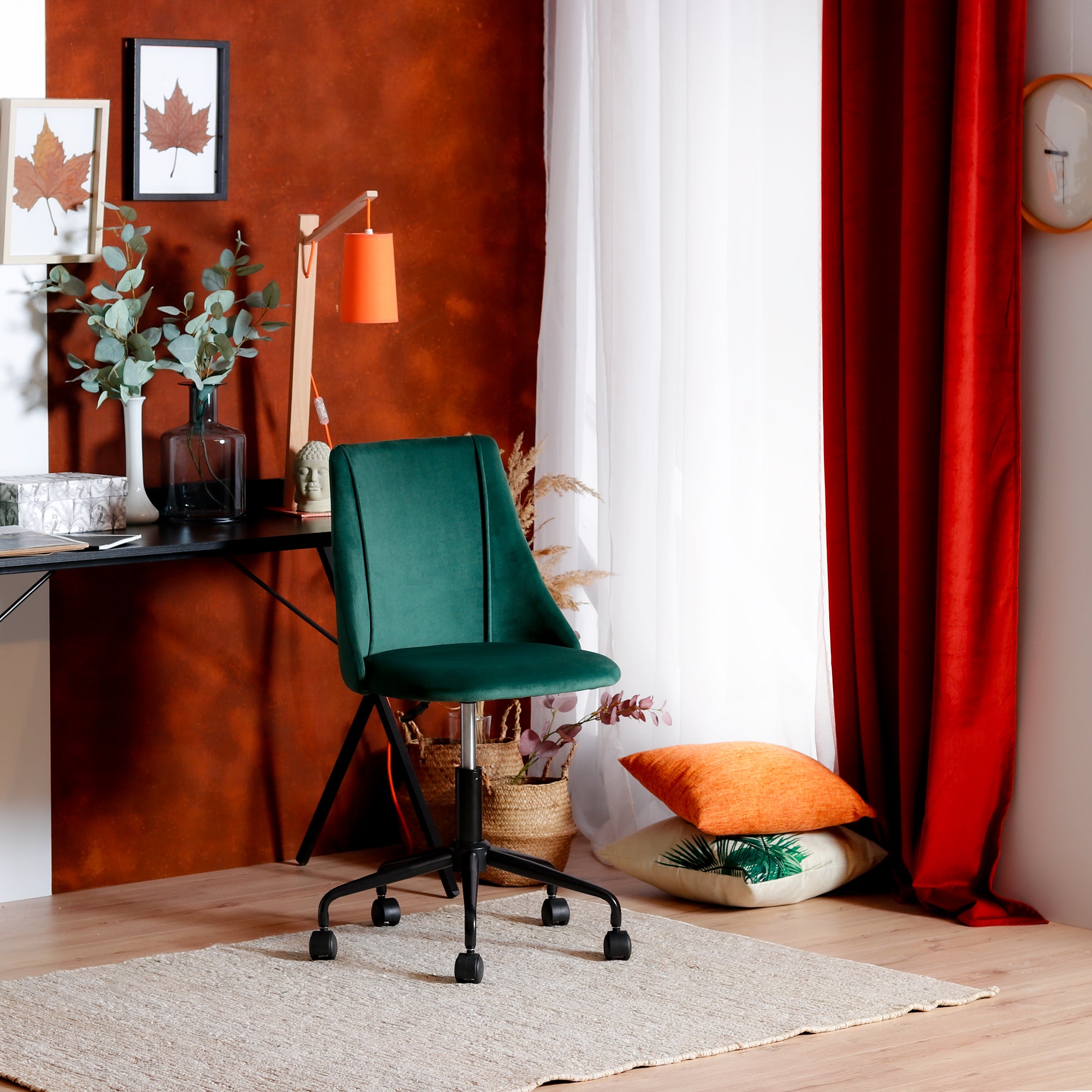 Homy Casa CIAN GREEN Velvet Office Chair, Adjustable Height, Dark Green, Steel Frame