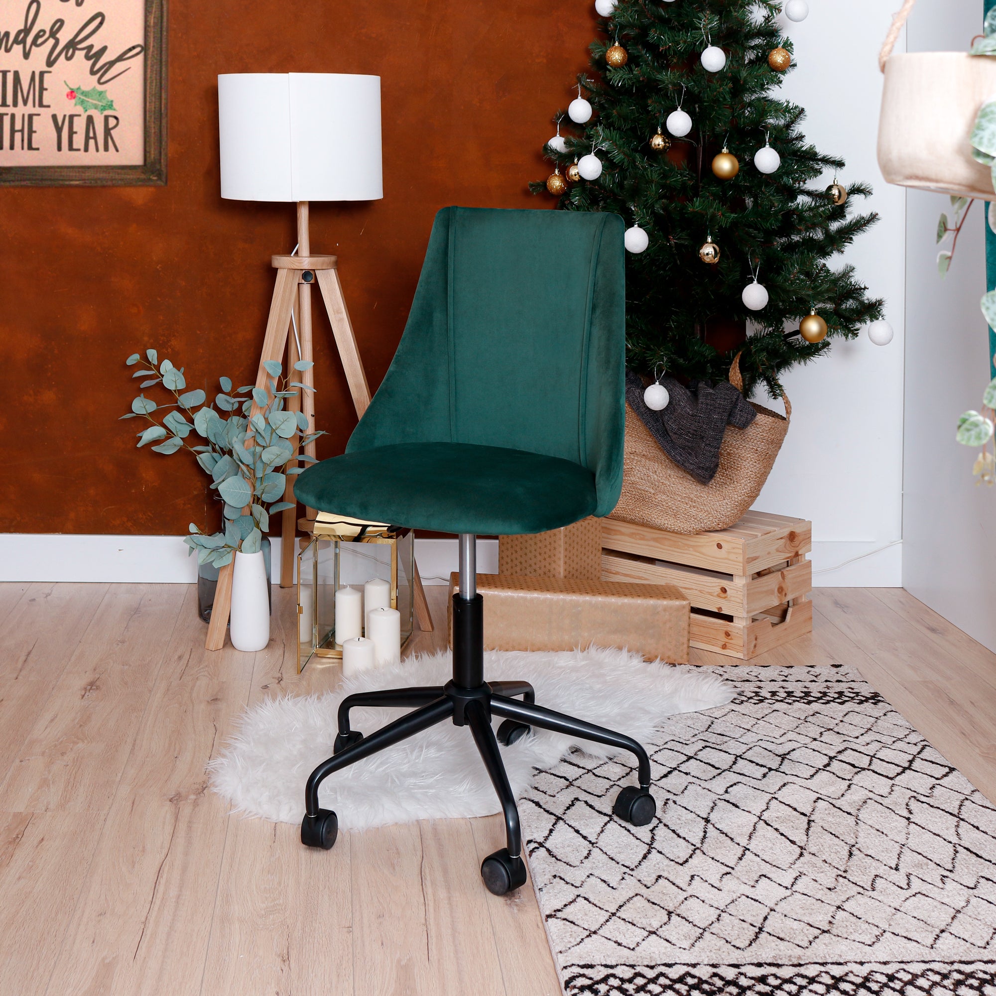 Homy Casa CIAN GREEN Velvet Office Chair, Adjustable Height, Dark Green, Steel Frame