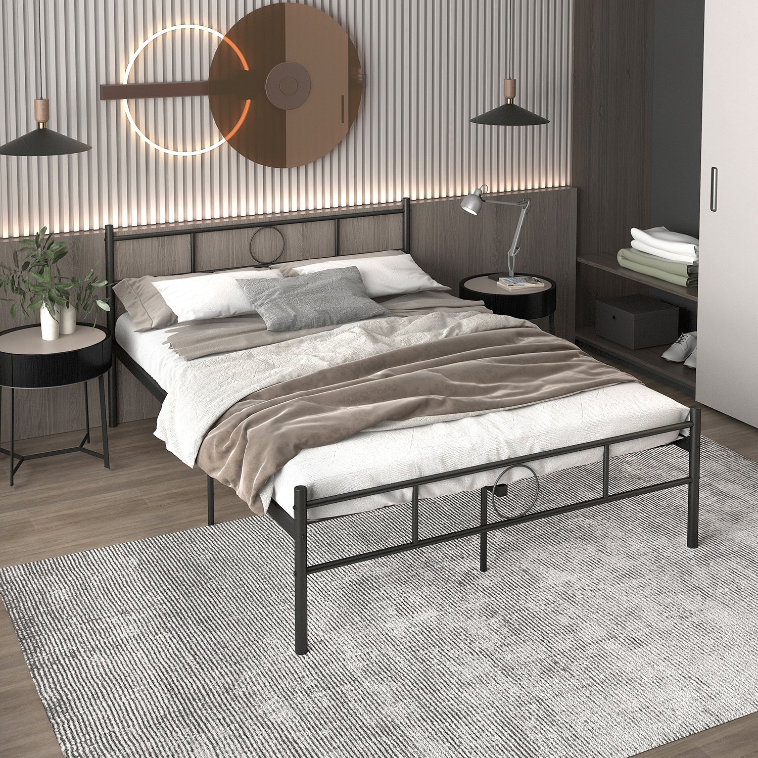 CIRCLE Full Metal Bed Frame with Headboard and Footboard, Circle Detail, Steel Slats, No Box Spring, Black