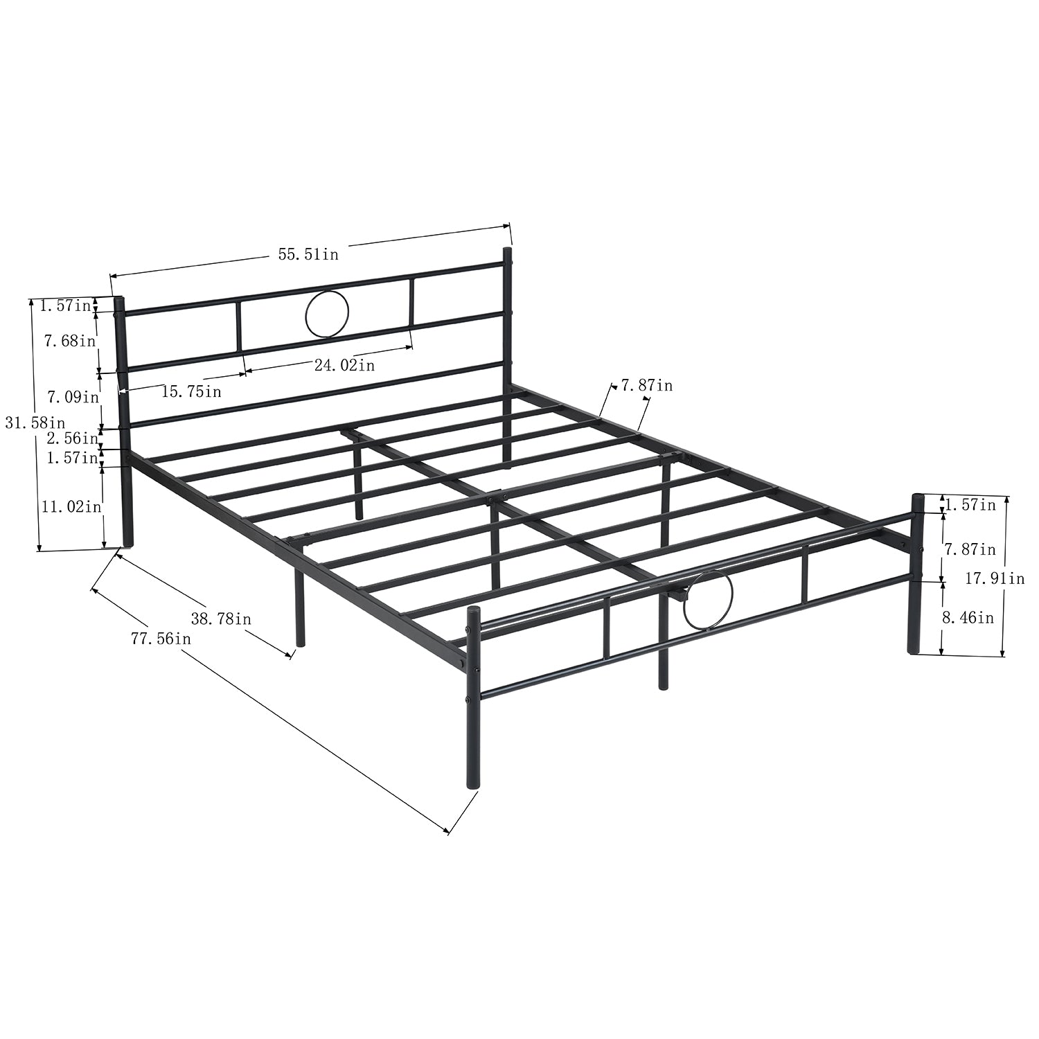 CIRCLE Full Metal Bed Frame with Headboard and Footboard, Circle Detail, Steel Slats, No Box Spring, Black