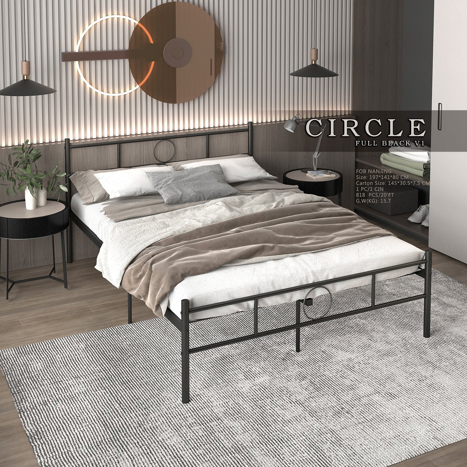 CIRCLE Full Metal Bed Frame with Headboard and Footboard, Circle Detail, Steel Slats, No Box Spring, Black