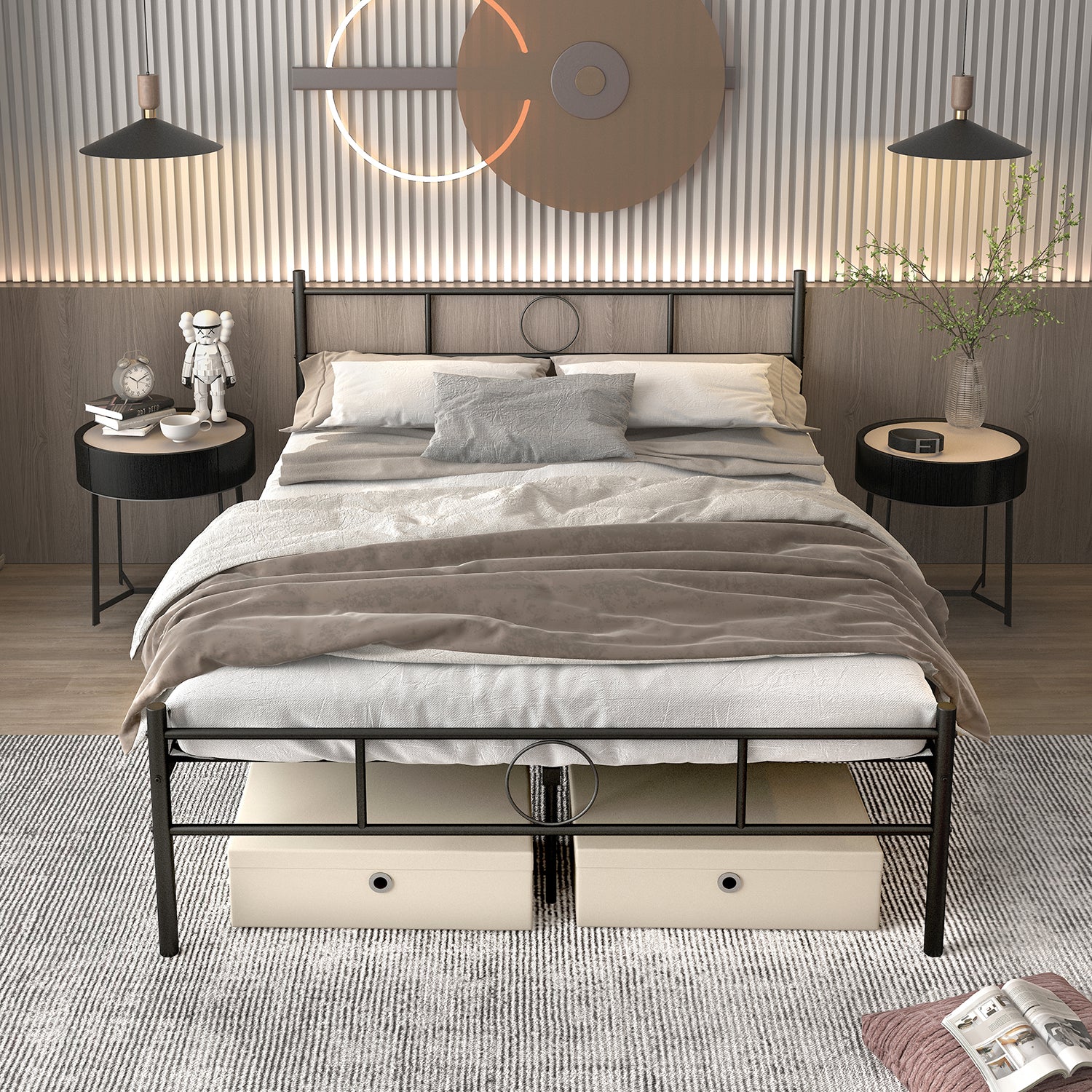 CIRCLE Full Metal Bed Frame with Headboard and Footboard, Circle Detail, Steel Slats, No Box Spring, Black