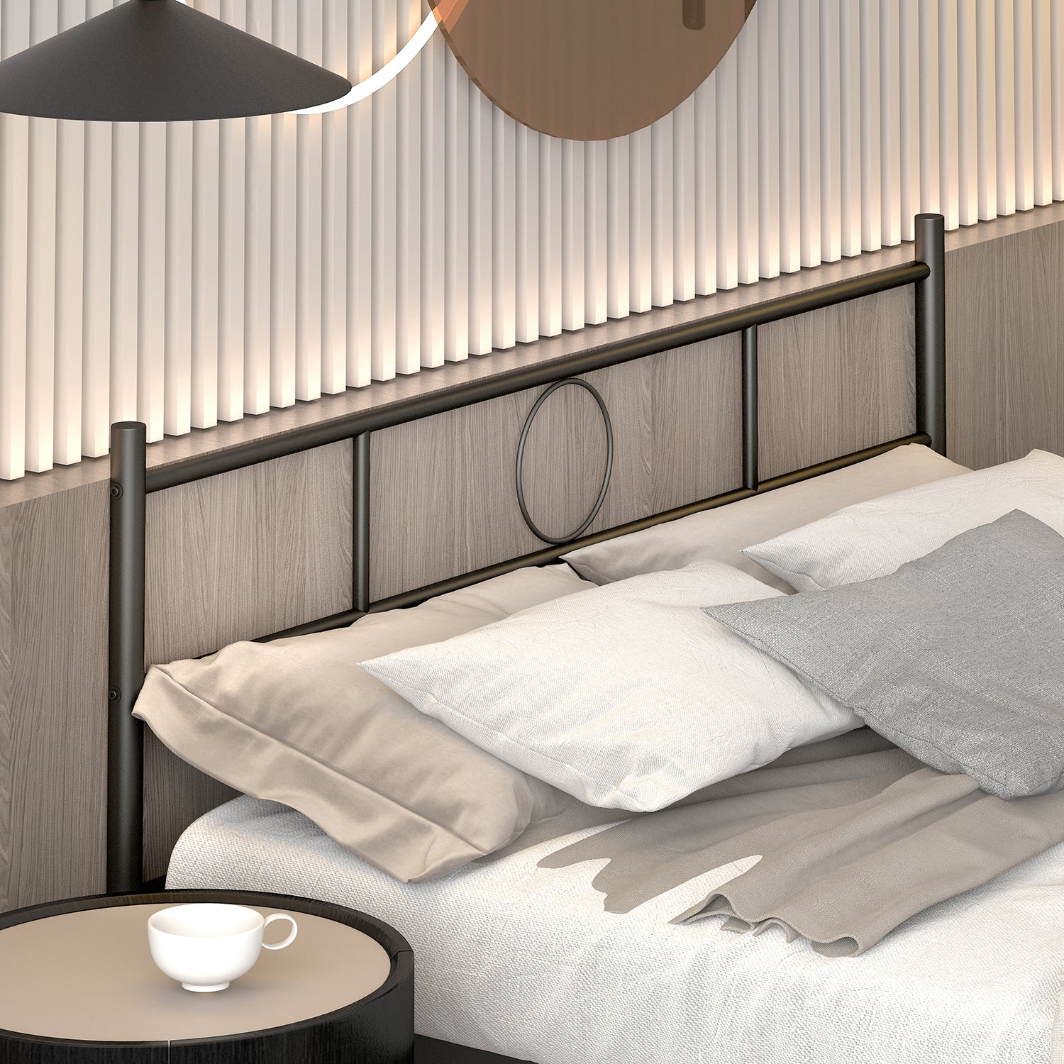 CIRCLE Metal Bed Frame with Headboard and Footboard, Circle Detail, Steel Slats Twin and Double