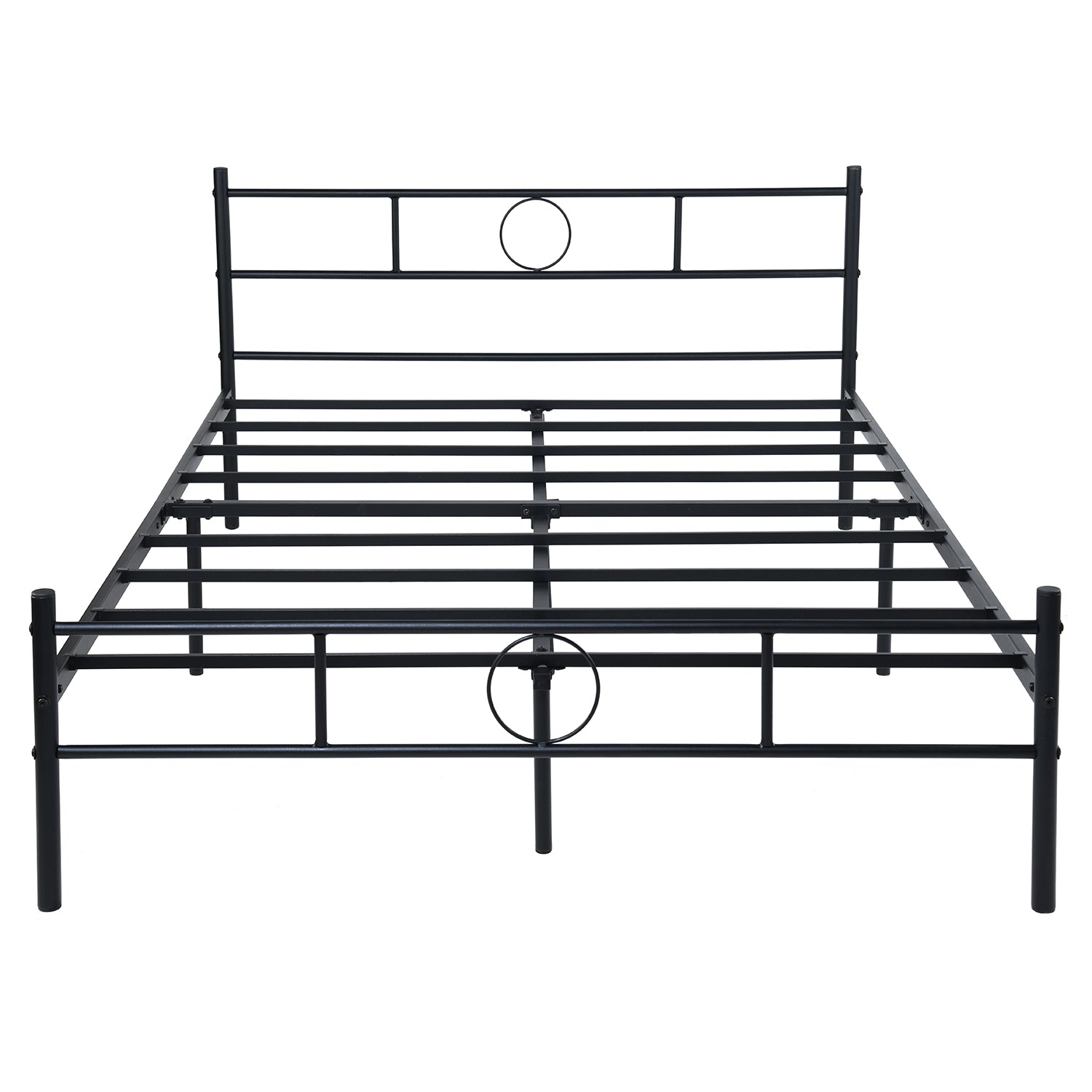 CIRCLE Full Metal Bed Frame with Headboard and Footboard, Circle Detail, Steel Slats, No Box Spring, Black